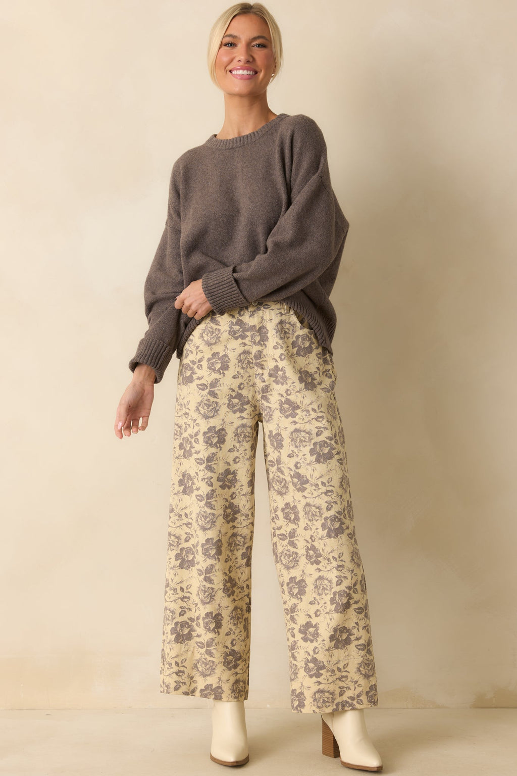 Just Like Always Grey Floral Print Wide Leg Pants