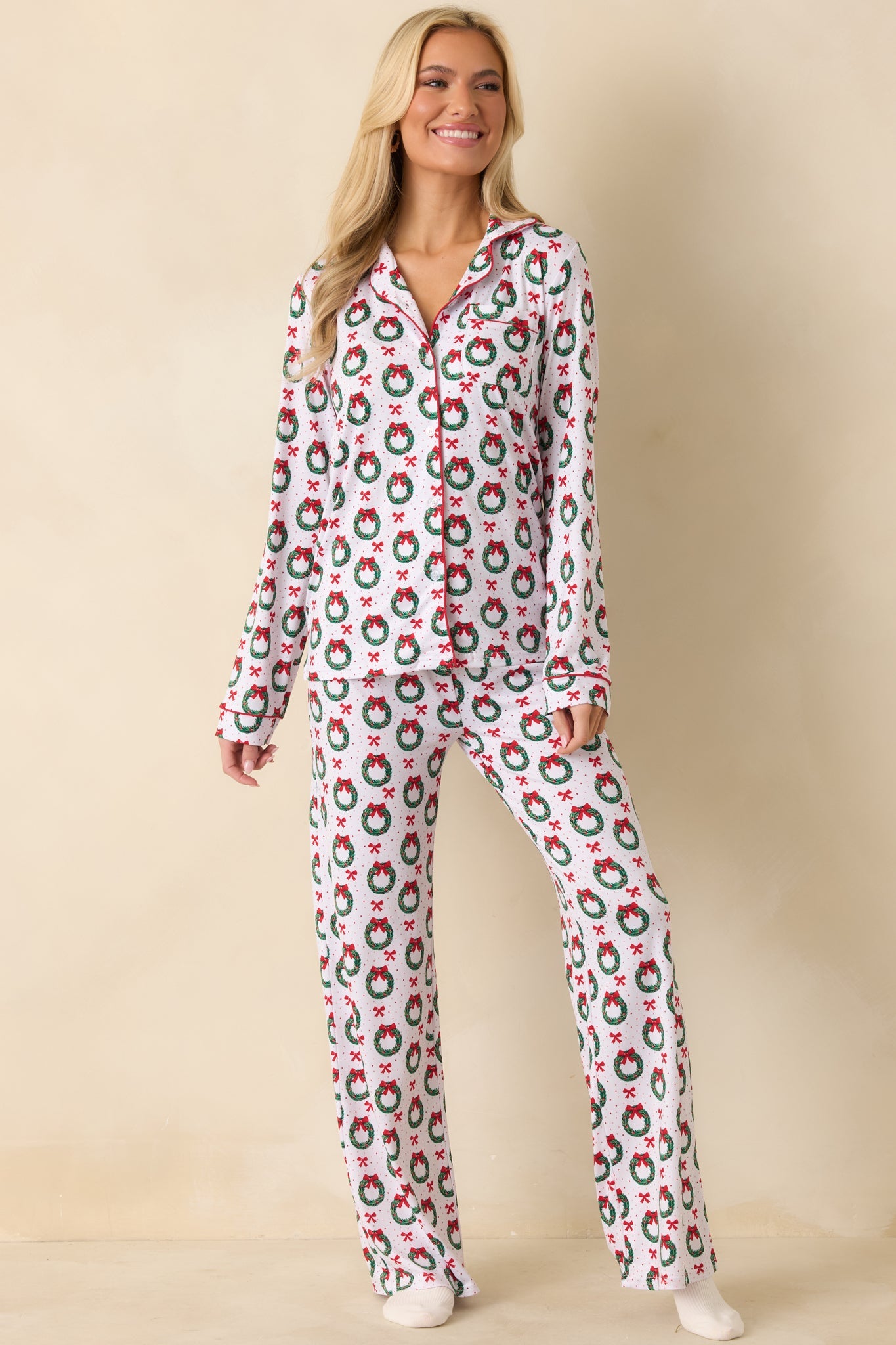 The Merriest Thing White Multi Wreath Pajama Pants
