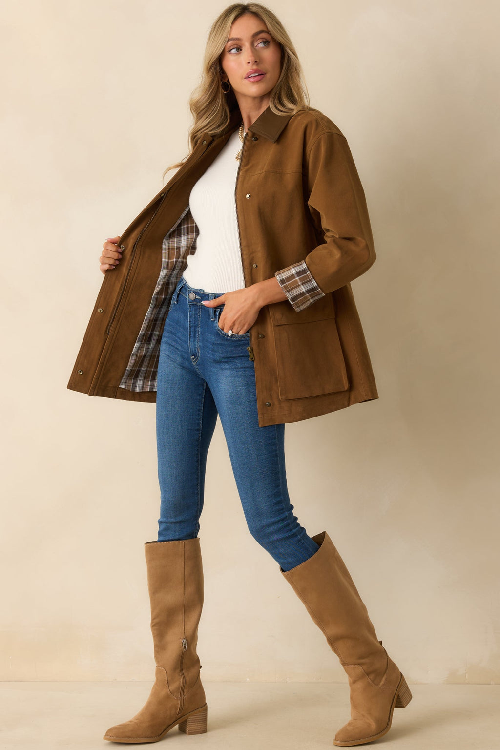 Here If You Need Camel Brown Faux Suede Barn Jacket