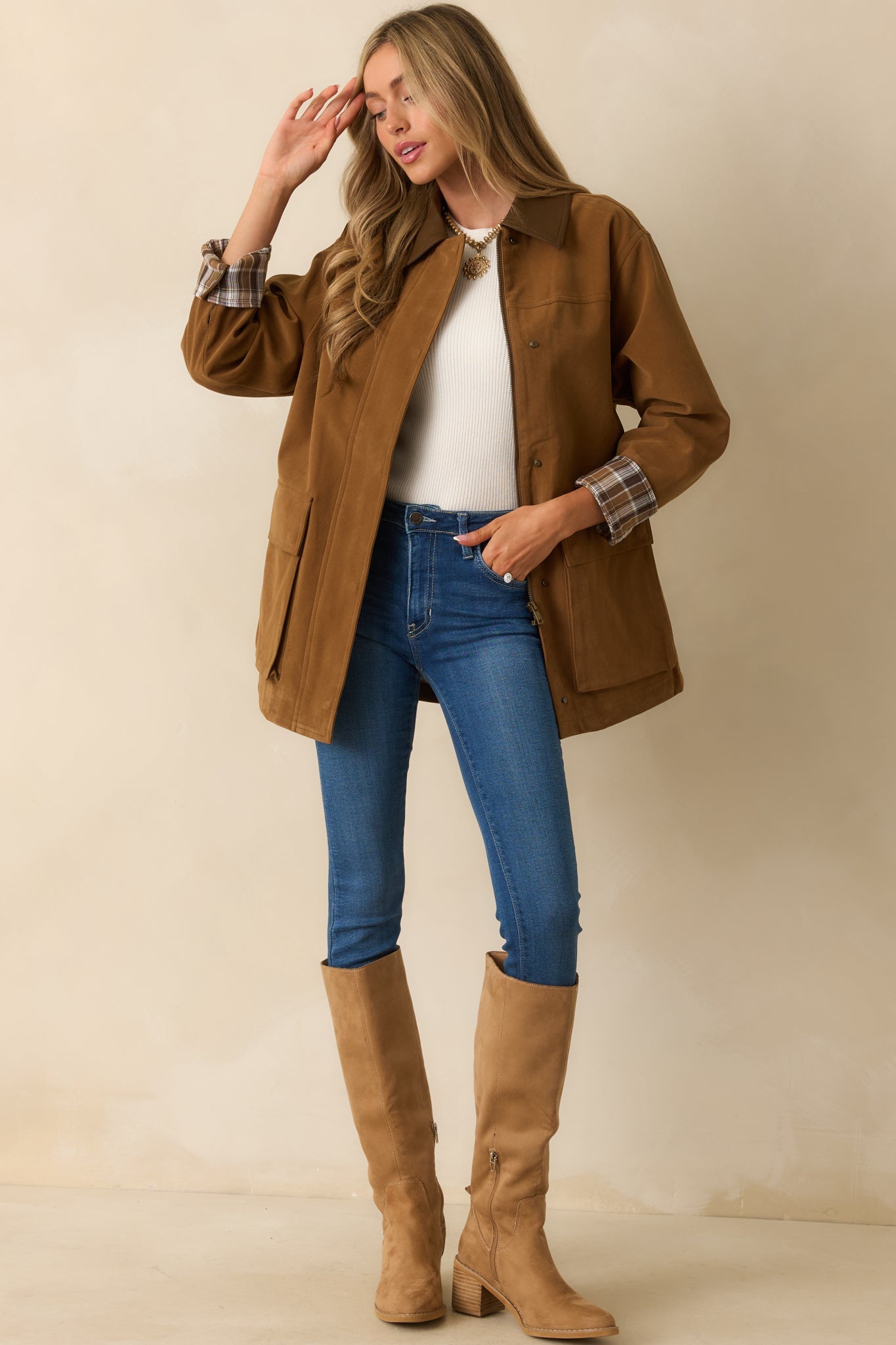 Here If You Need Camel Brown Faux Suede Barn Jacket