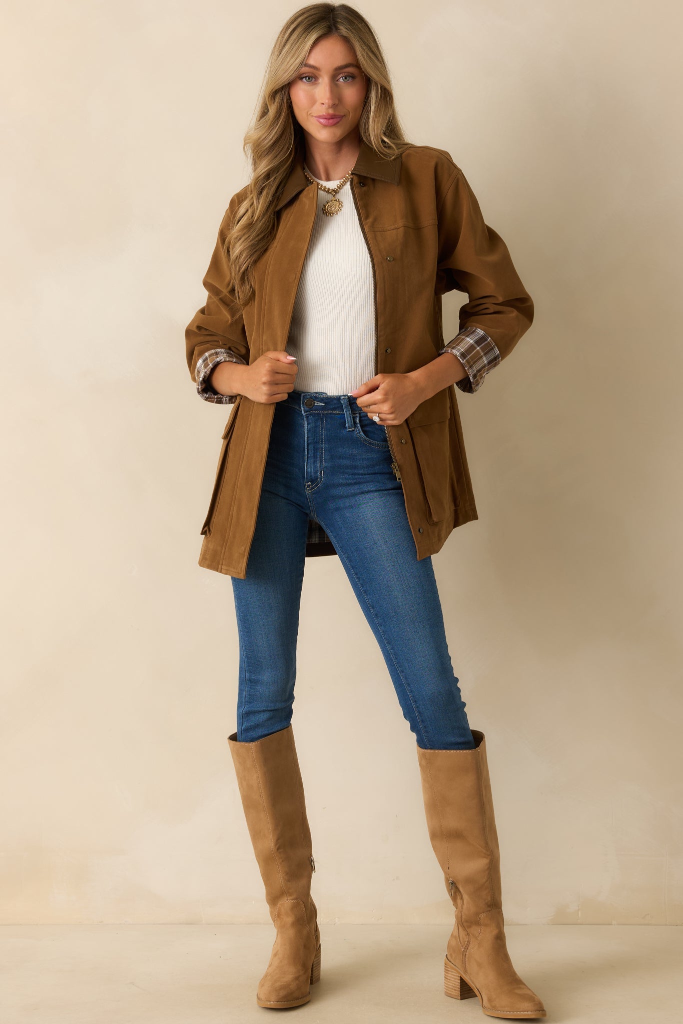 Here If You Need Camel Brown Faux Suede Barn Jacket