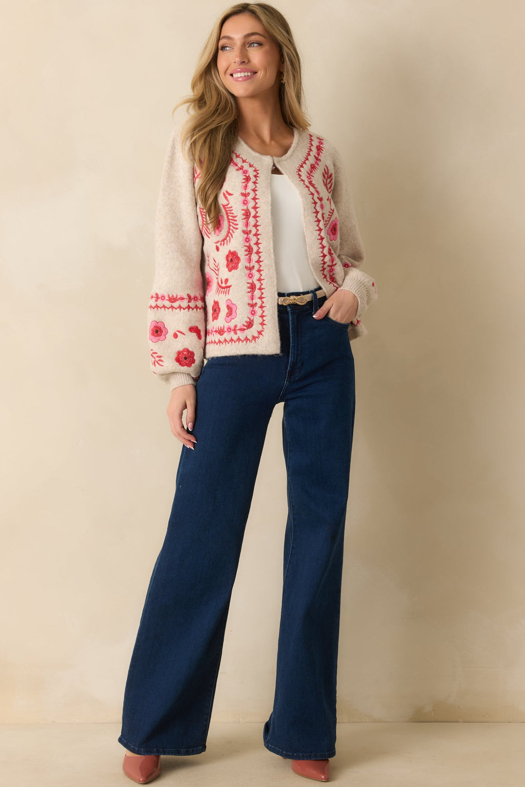 Carefully Considered Oatmeal Floral Embroidered Single Clasp Cardigan