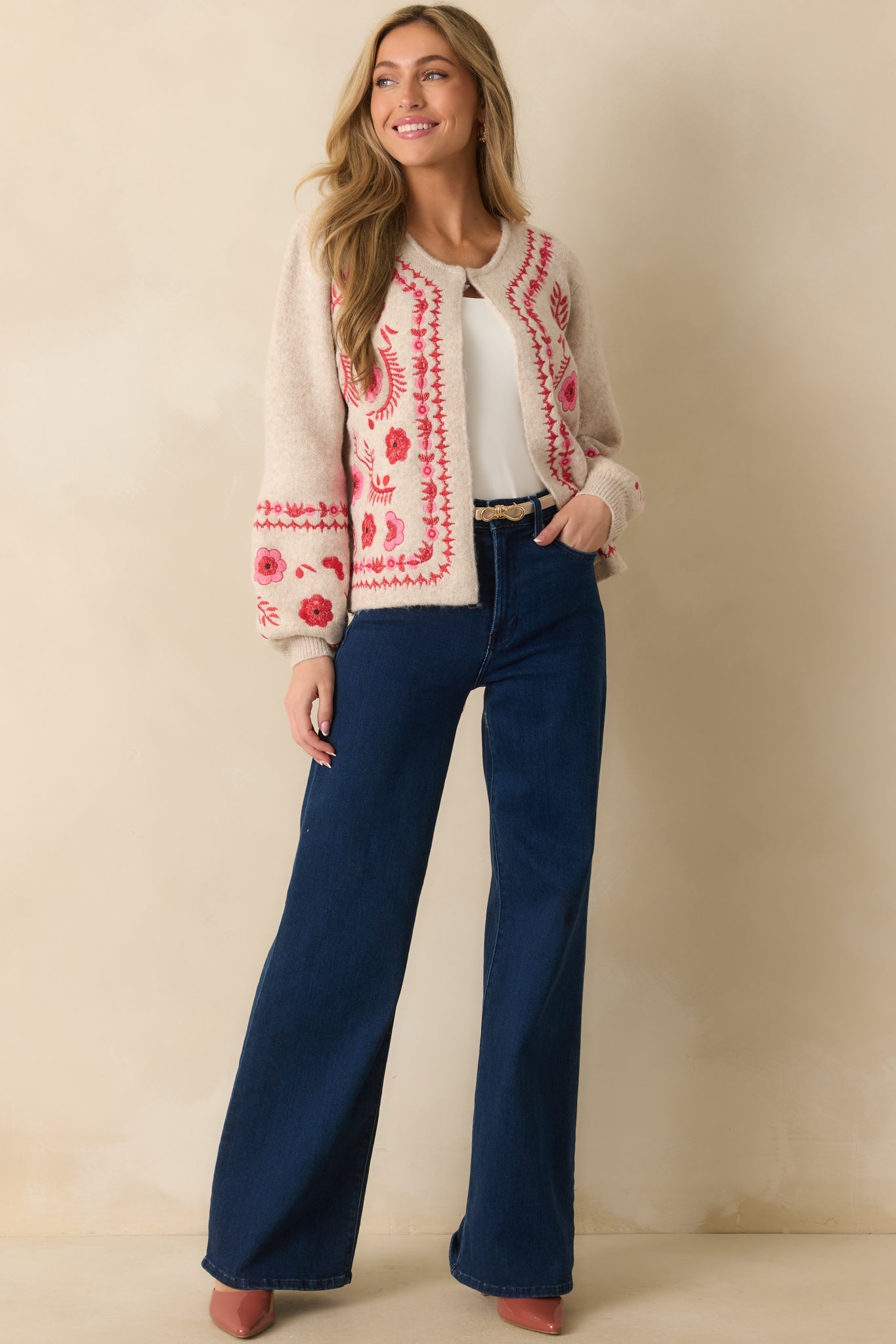 Carefully Considered Oatmeal Floral Embroidered Single Clasp Cardigan