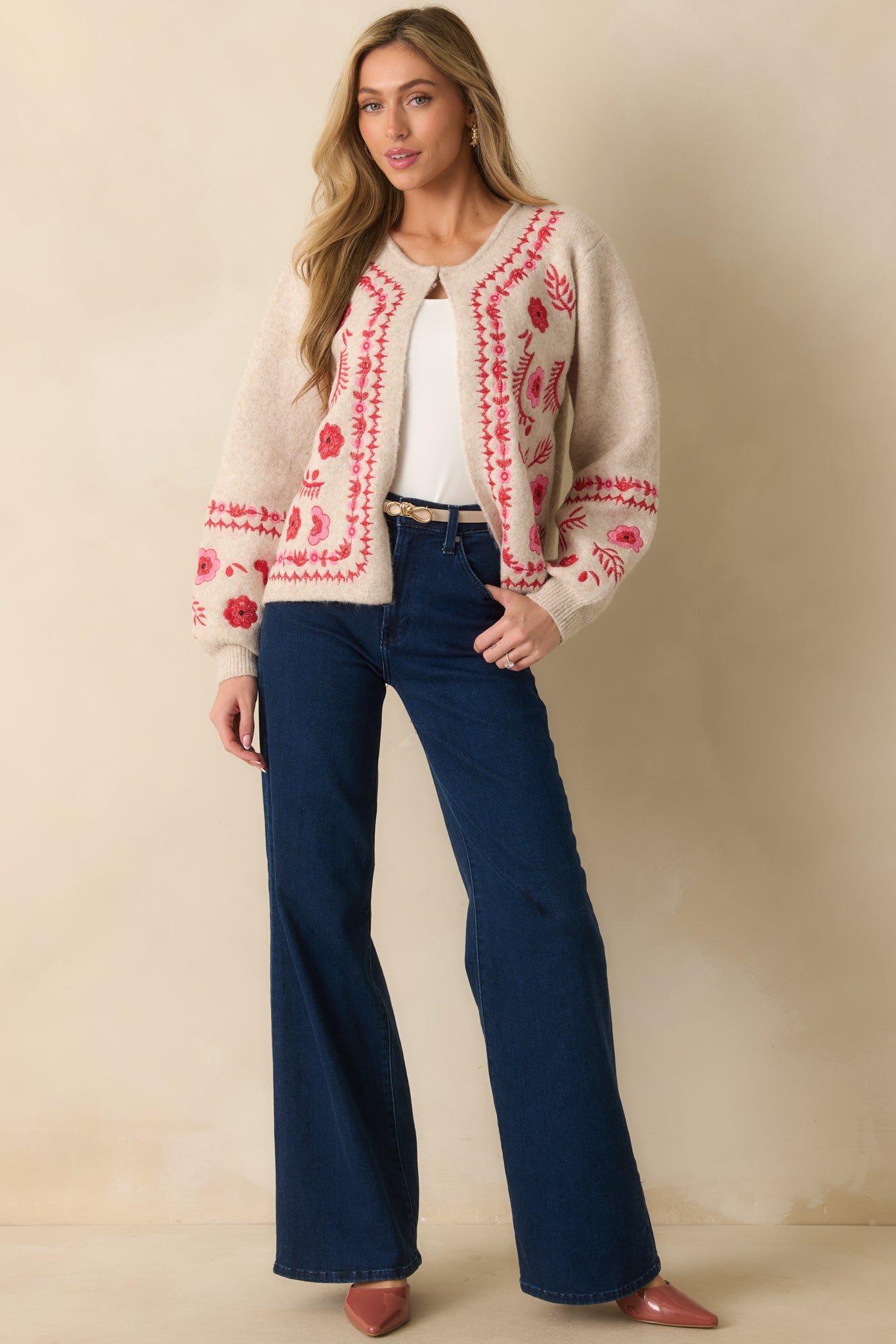 Carefully Considered Oatmeal Floral Embroidered Single Clasp Cardigan