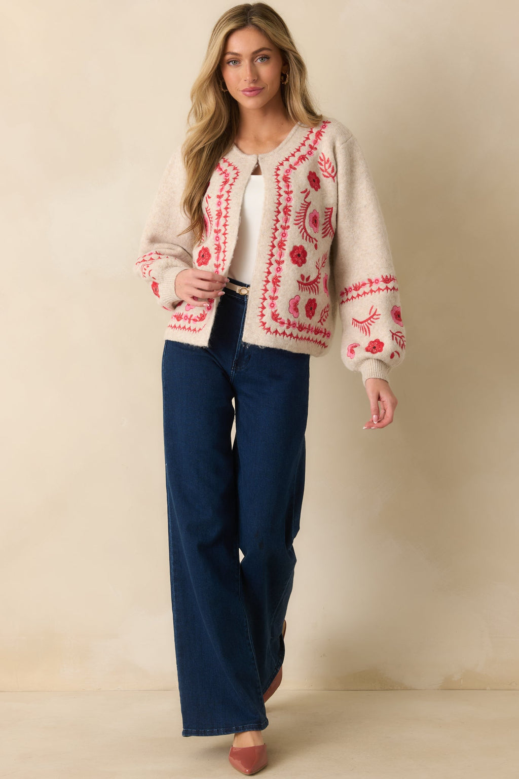 Carefully Considered Oatmeal Floral Embroidered Single Clasp Cardigan