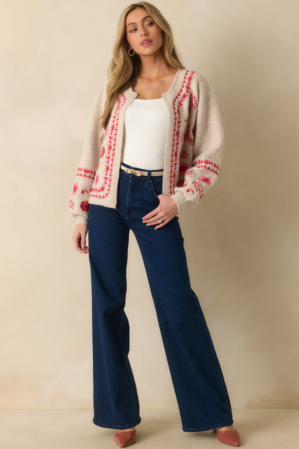 Carefully Considered Oatmeal Floral Embroidered Single Clasp Cardigan