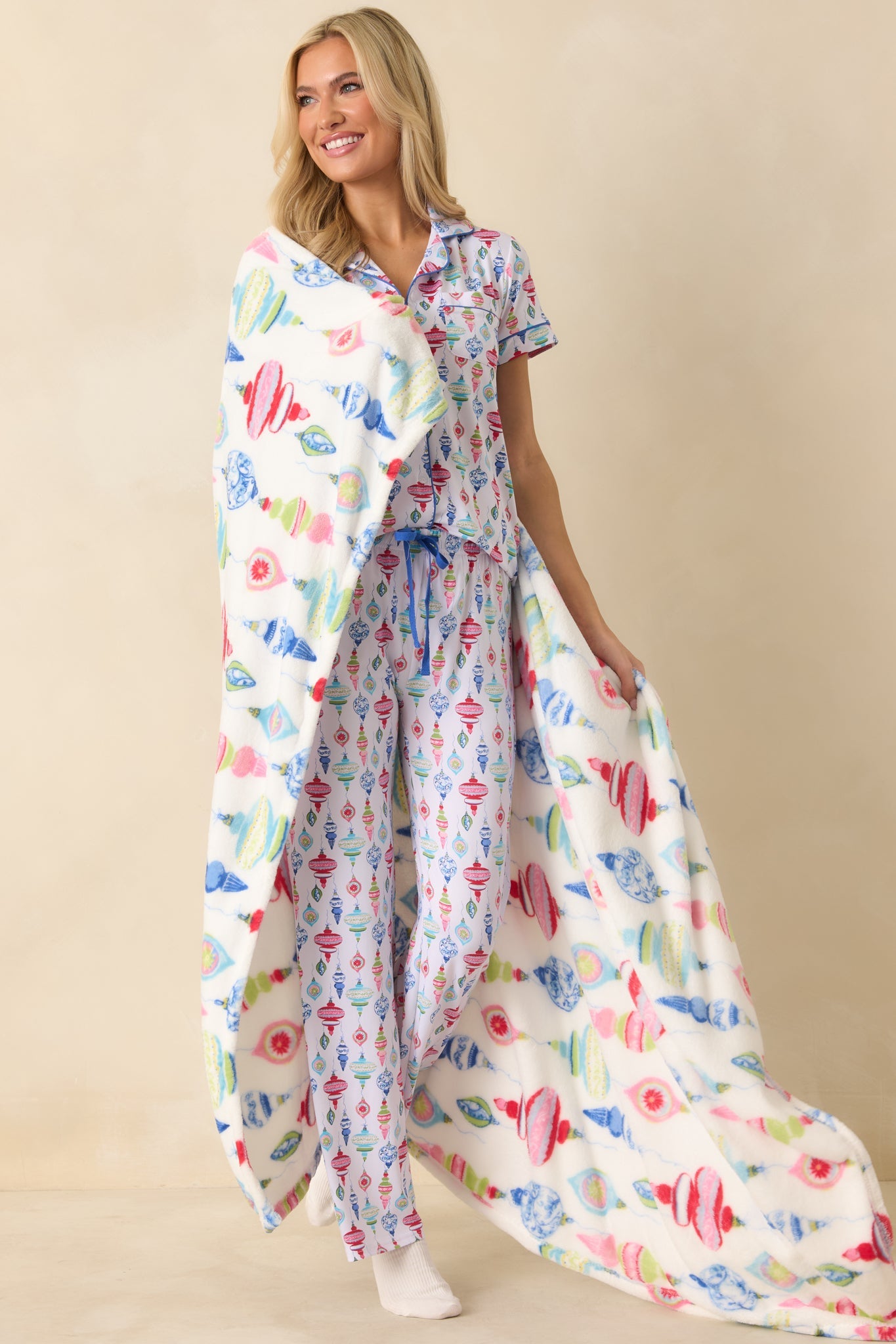 Decked In Delight White Multi Ornament Throw Blanket