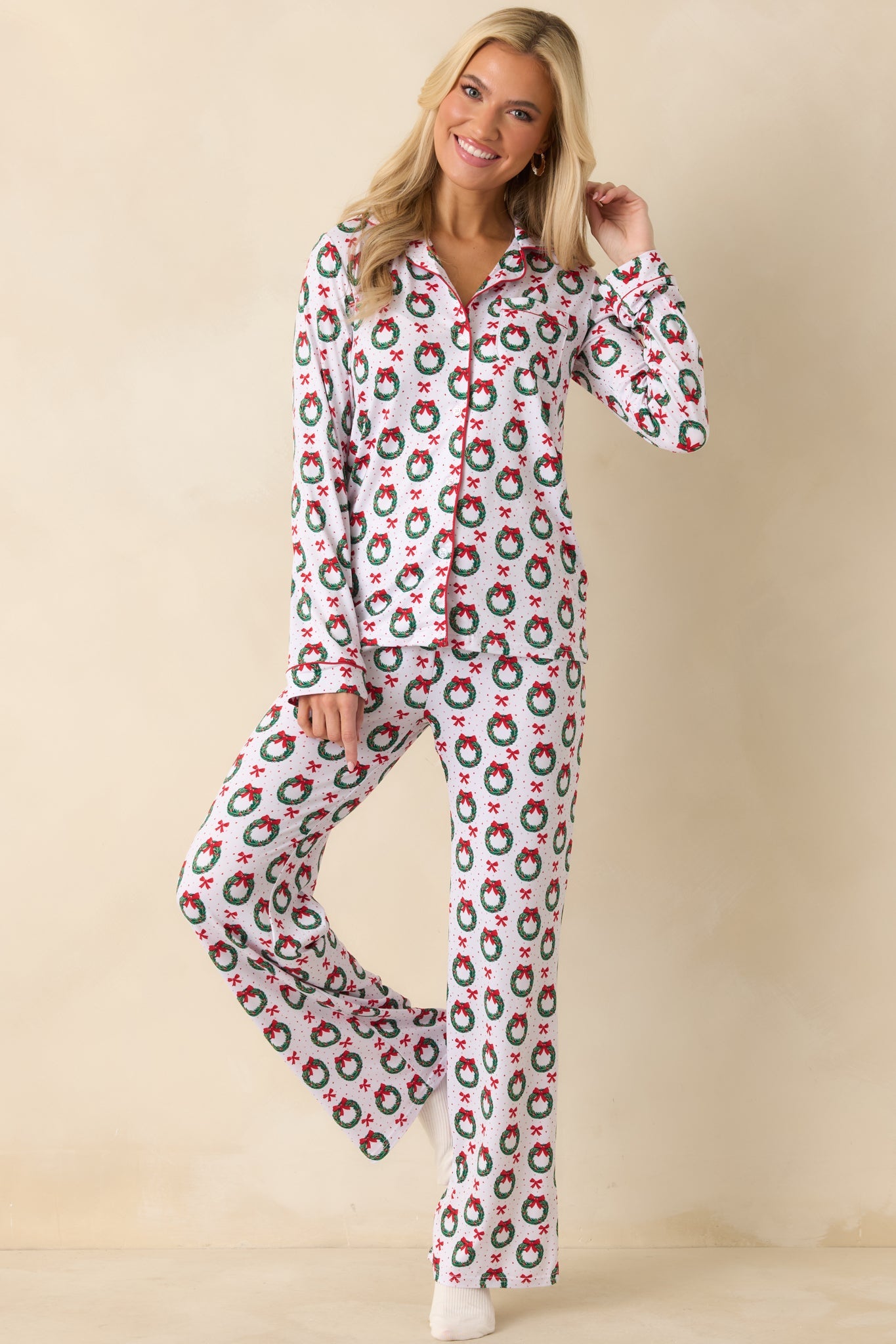 The Merriest Thing White Multi Wreath Pajama Pants