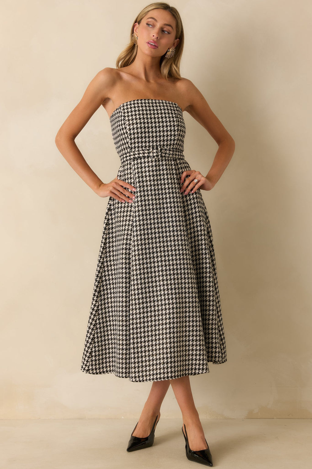 Something To Remember Black Houndstooth Belted Bandeau Midi Dress
