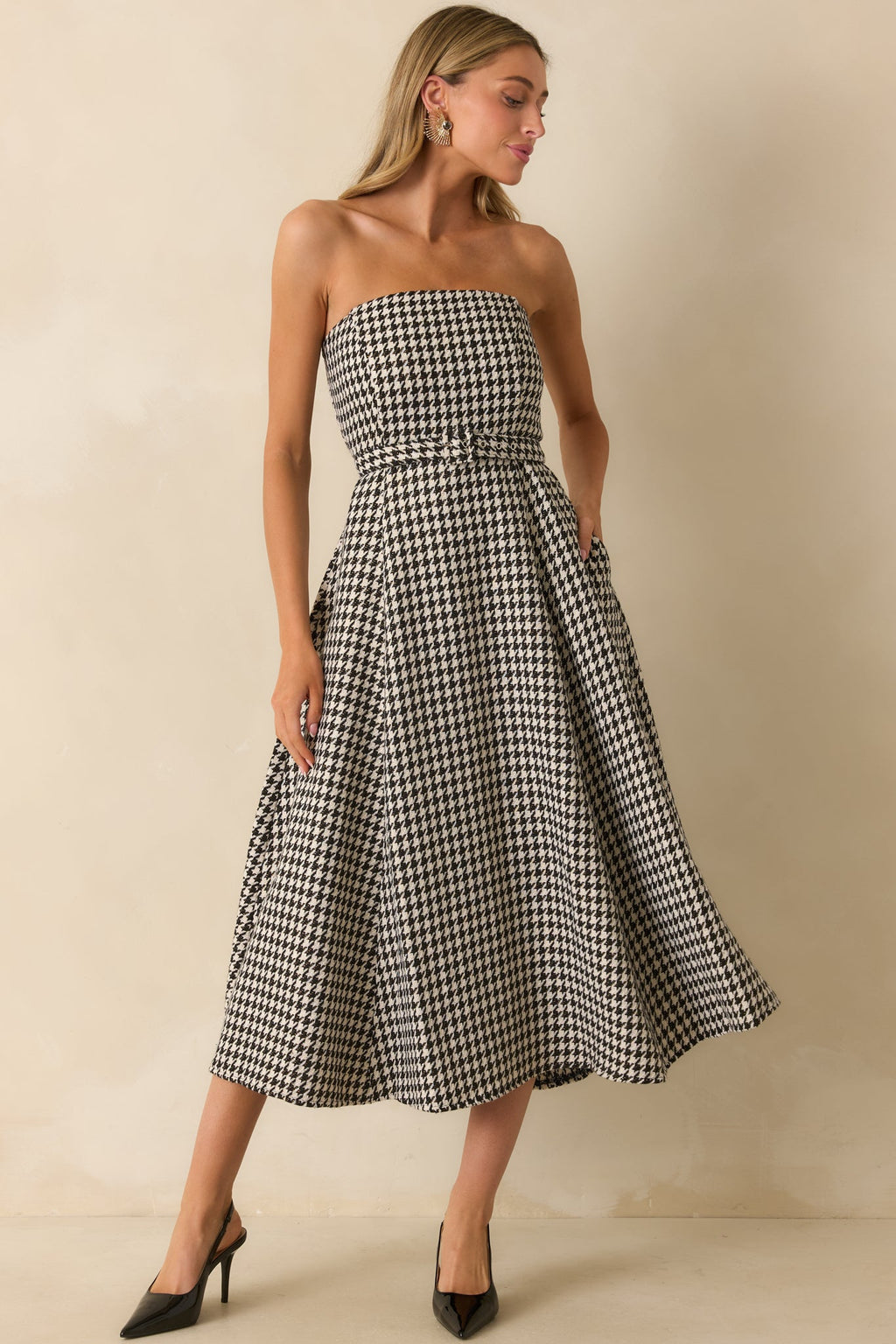 Something To Remember Black Houndstooth Belted Bandeau Midi Dress