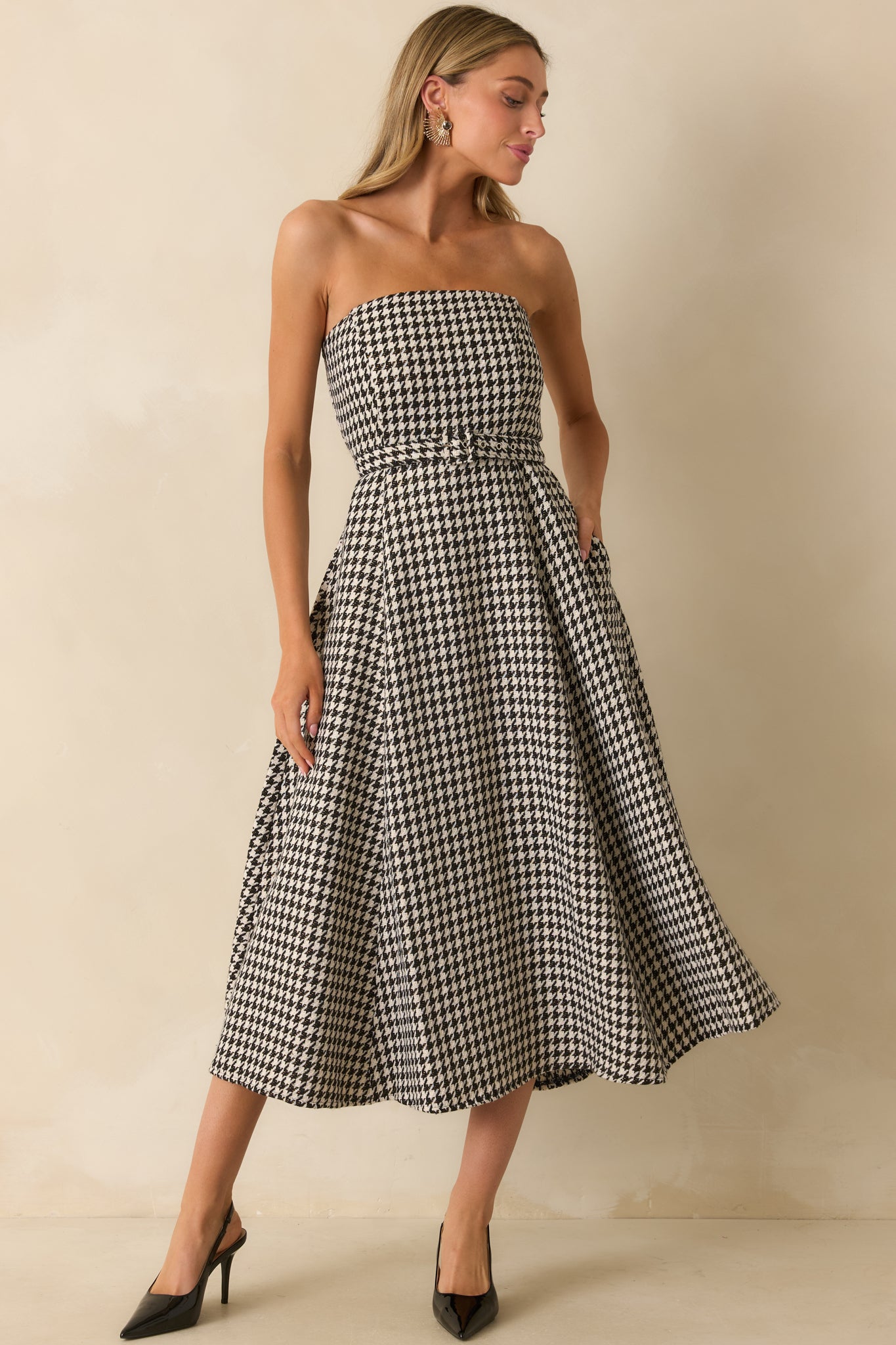 Something To Remember Black Houndstooth Belted Bandeau Midi Dress