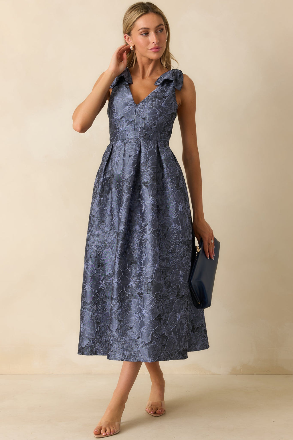 Enchanting Elegance Slate Blue Floral Jacquard Midi Dress