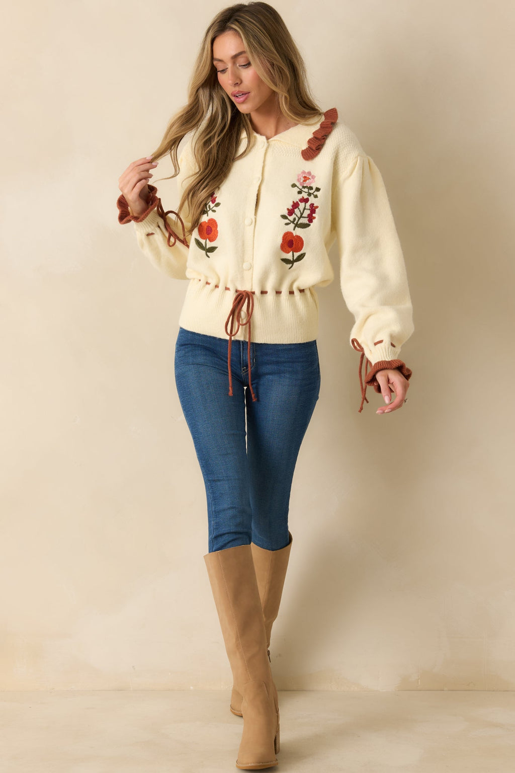 Harvest Bloom Ivory Floral Embroidered Button Up Cardigan Sweater