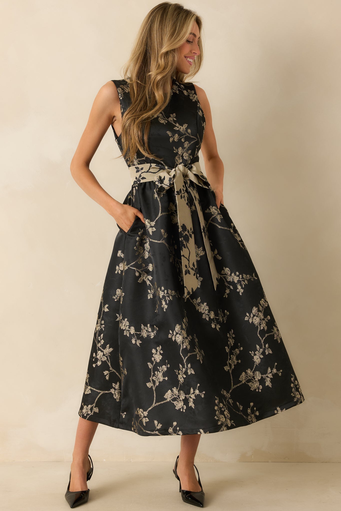 The Way She Blooms Black Floral Jacquard Bow Belt Maxi Dress
