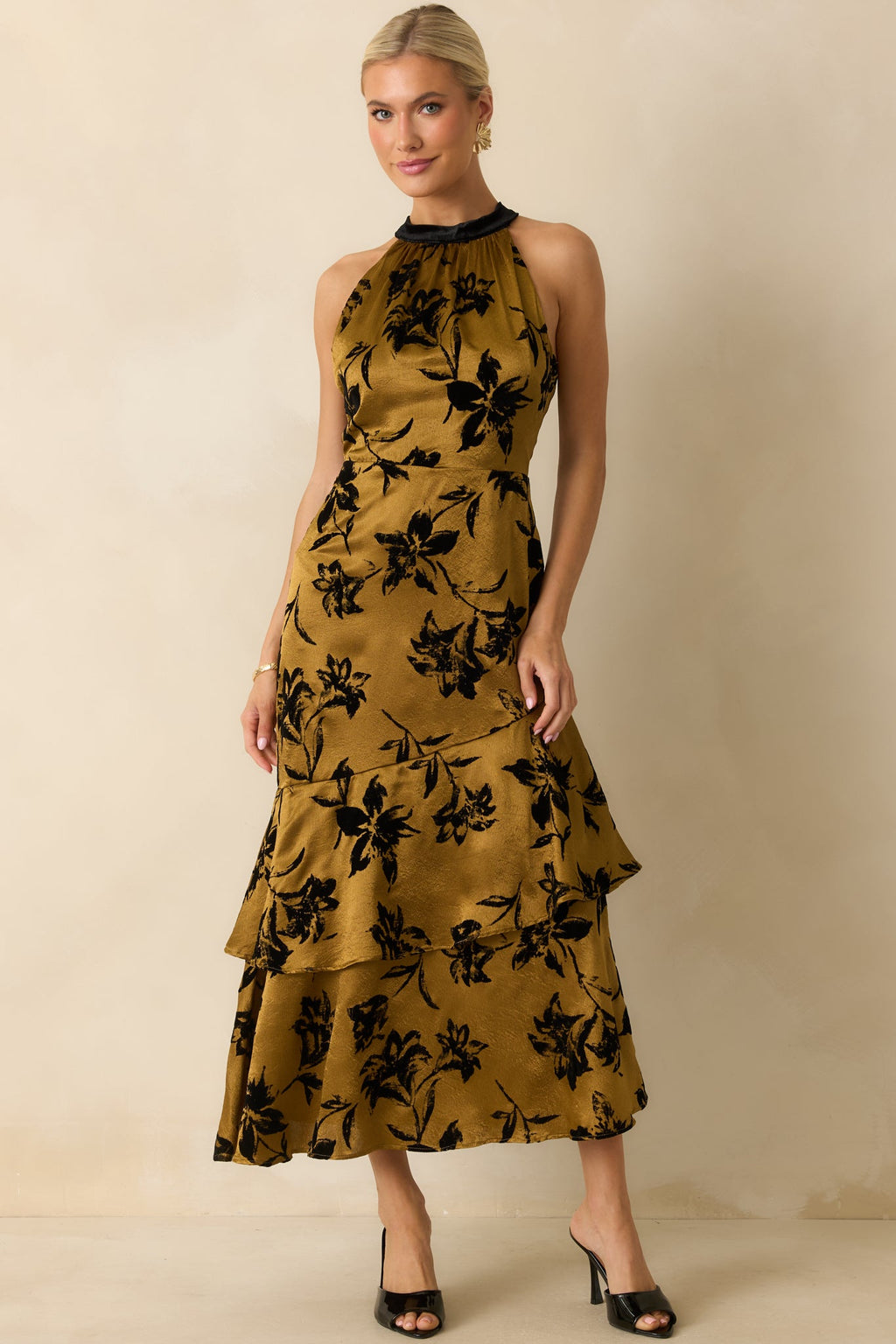 Sweet Recollection Dark Gold Floral Satin Maxi Dress