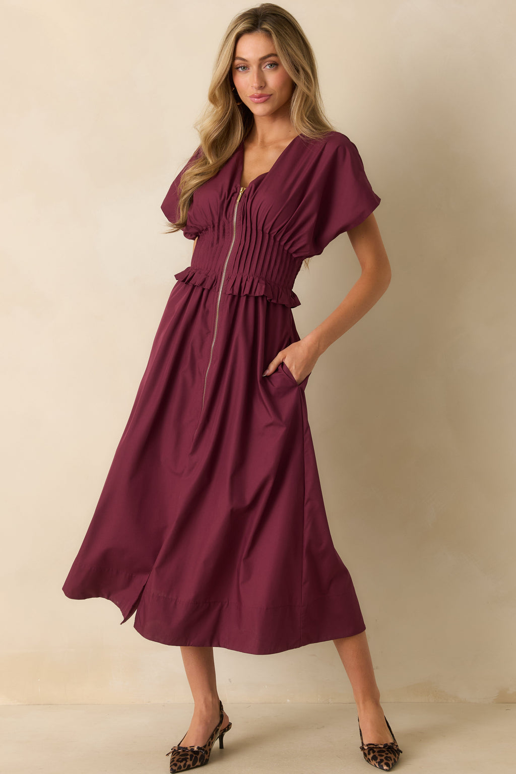 Let It Be Easy Wine Red Smocked Waist Zip Maxi Dress