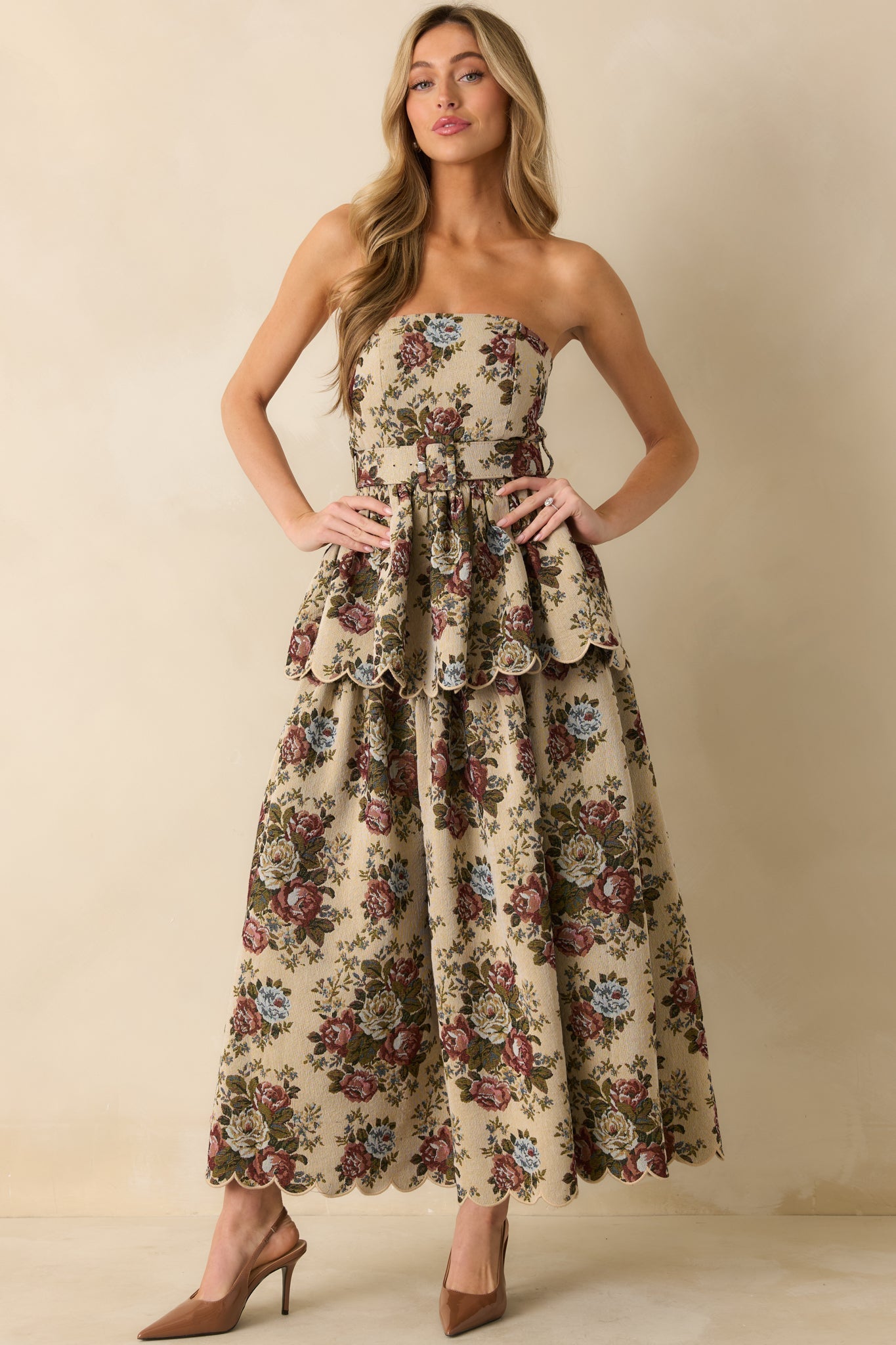 Graceful Charm Beige Multi Floral Tapestry Strapless Midi Dress