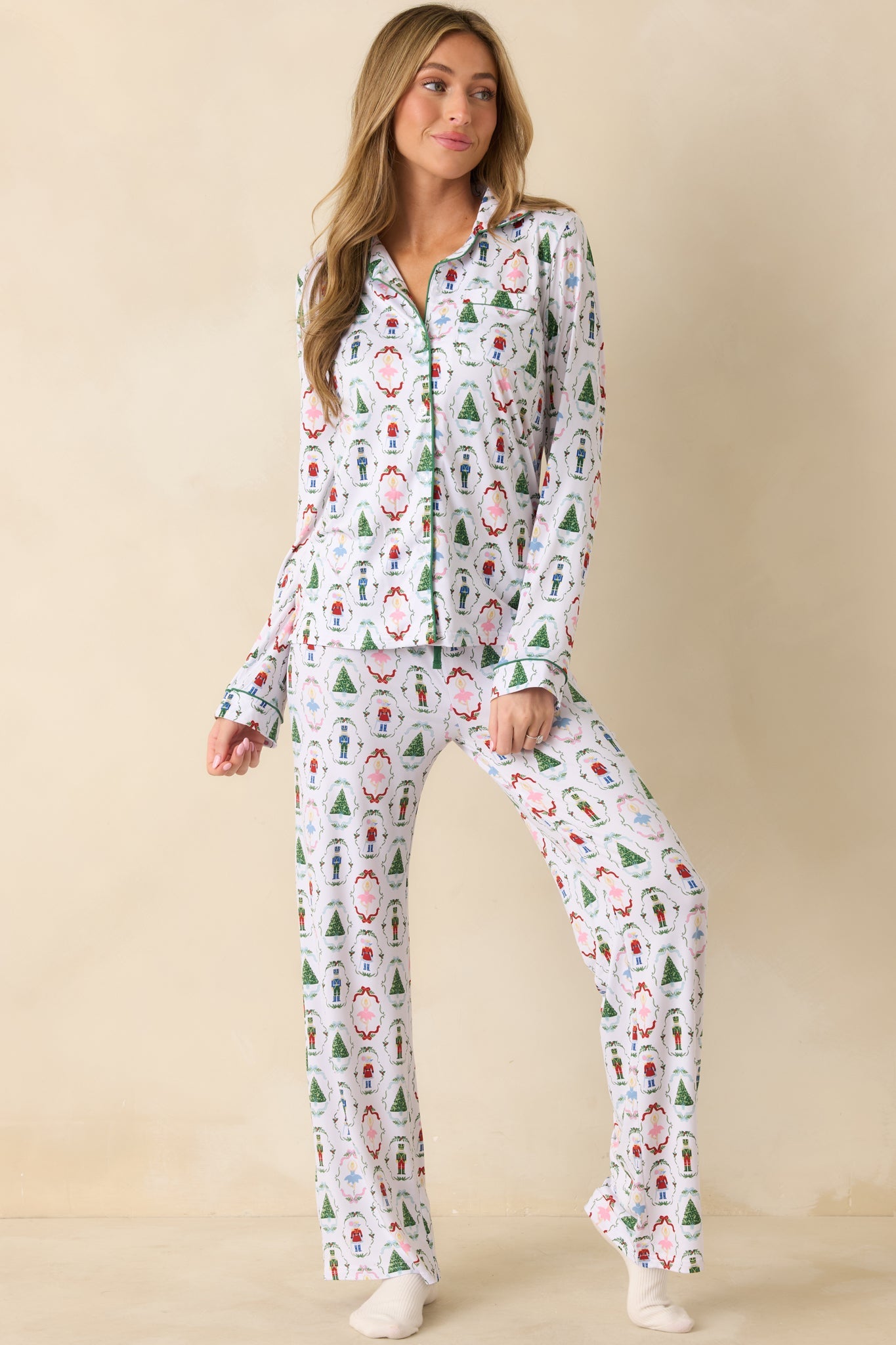 Holiday Brigade White Multi Nutcracker Long Sleeve Button Up Pajama Top