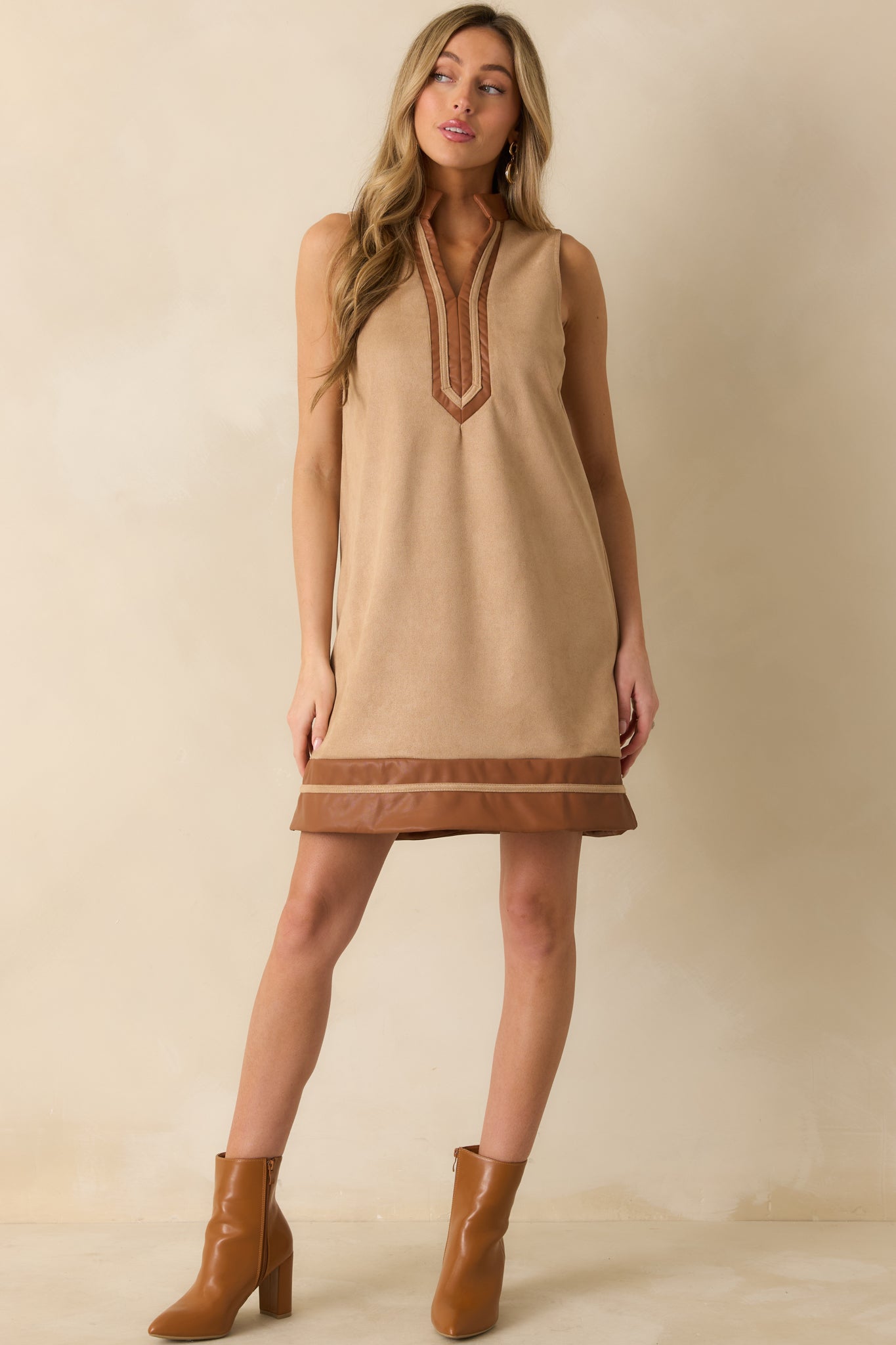 Once In A While Tan Faux Suede Mini Dress
