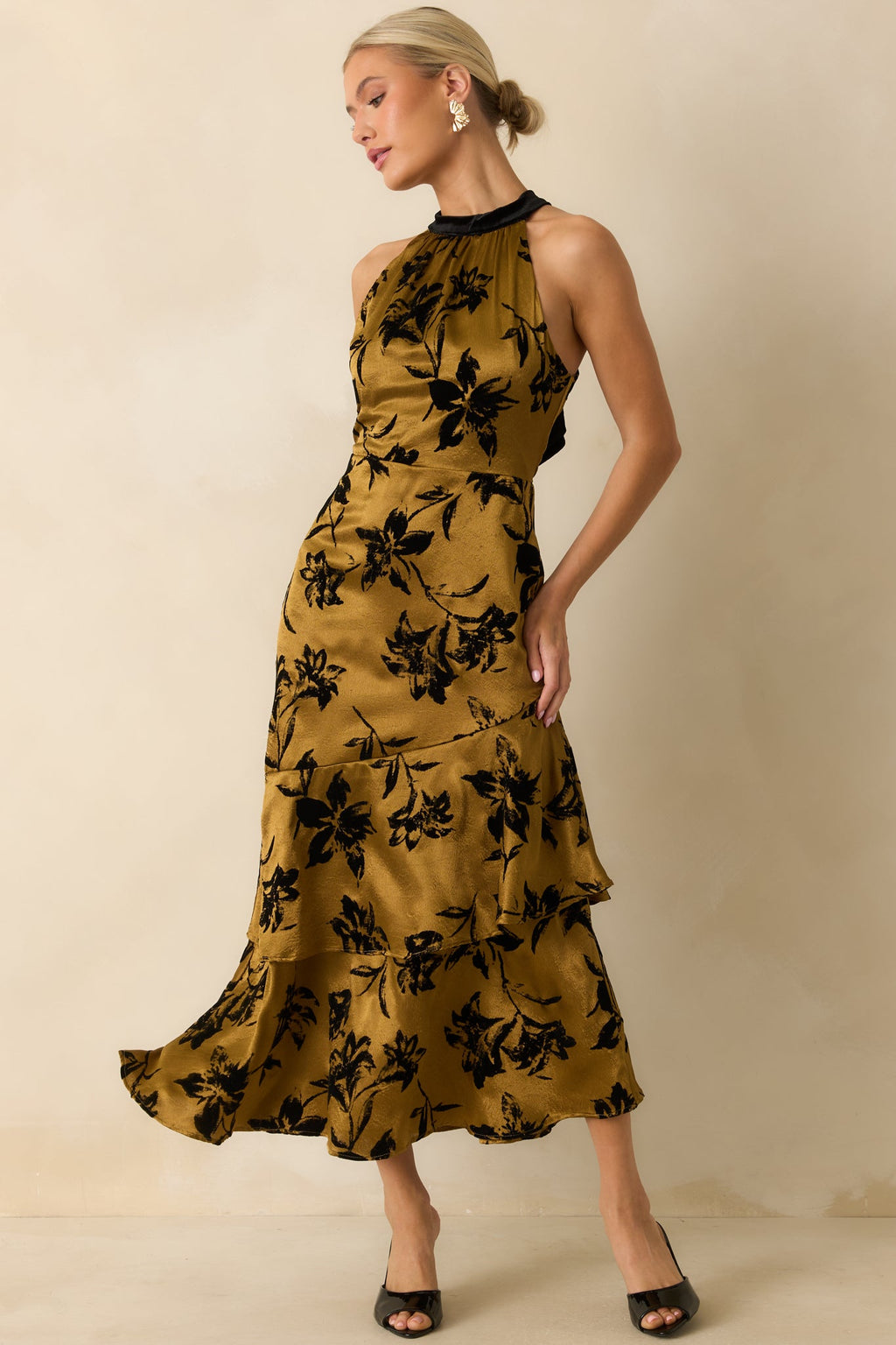 Sweet Recollection Dark Gold Floral Satin Maxi Dress