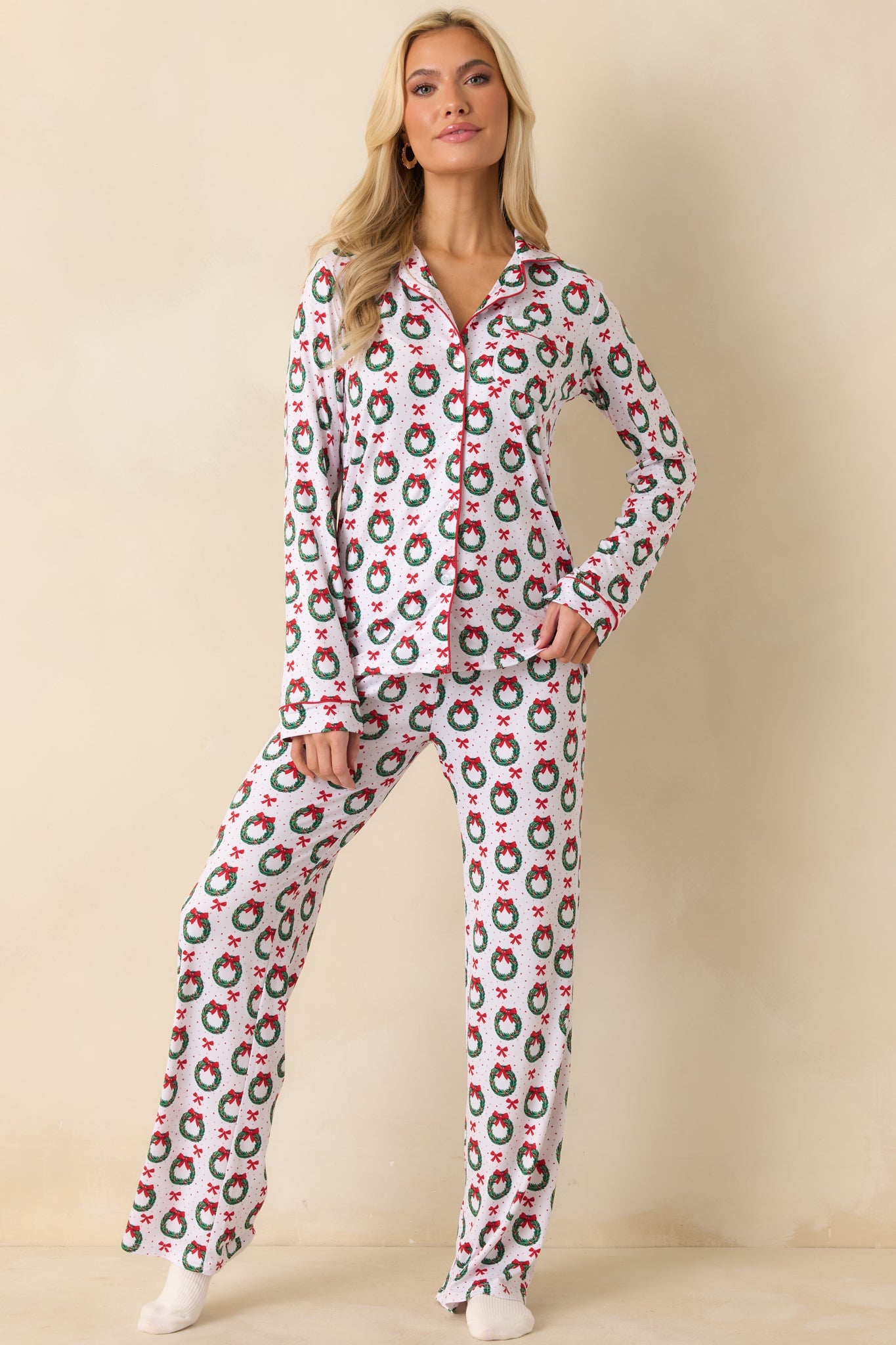 The Merriest Thing White Multi Wreath Pajama Pants