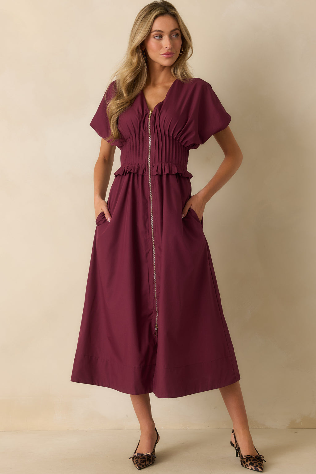 Let It Be Easy Wine Red Smocked Waist Zip Maxi Dress