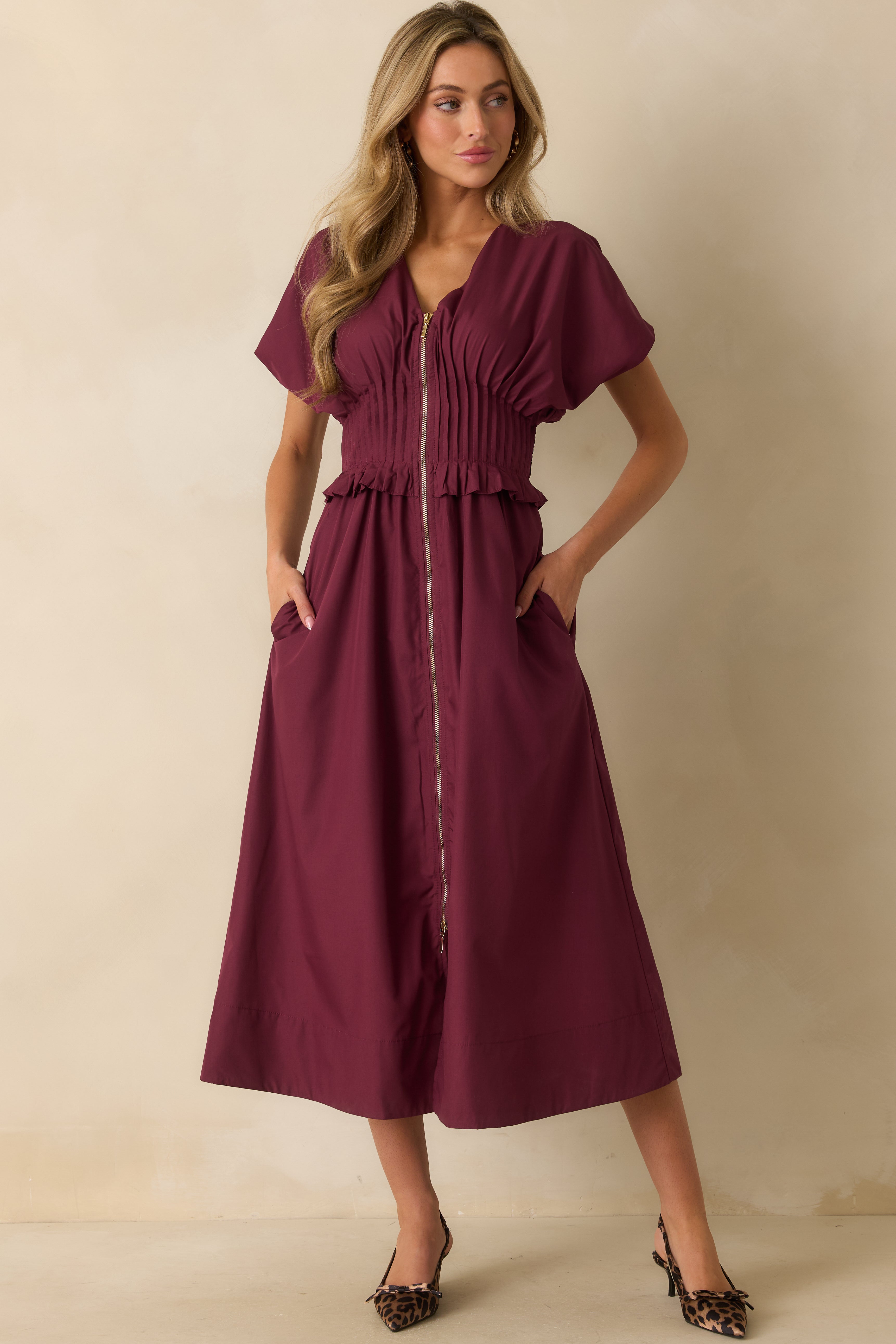 Let It Be Easy Wine Red Smocked Waist Zip Maxi Dress