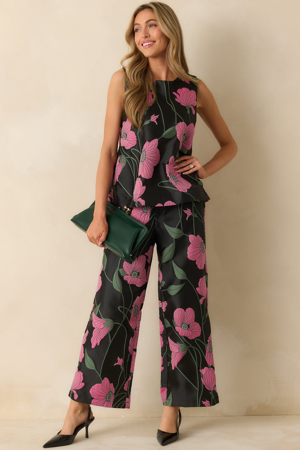 Garden Reverie Black Multi Floral Jacquard Wide Leg Pants