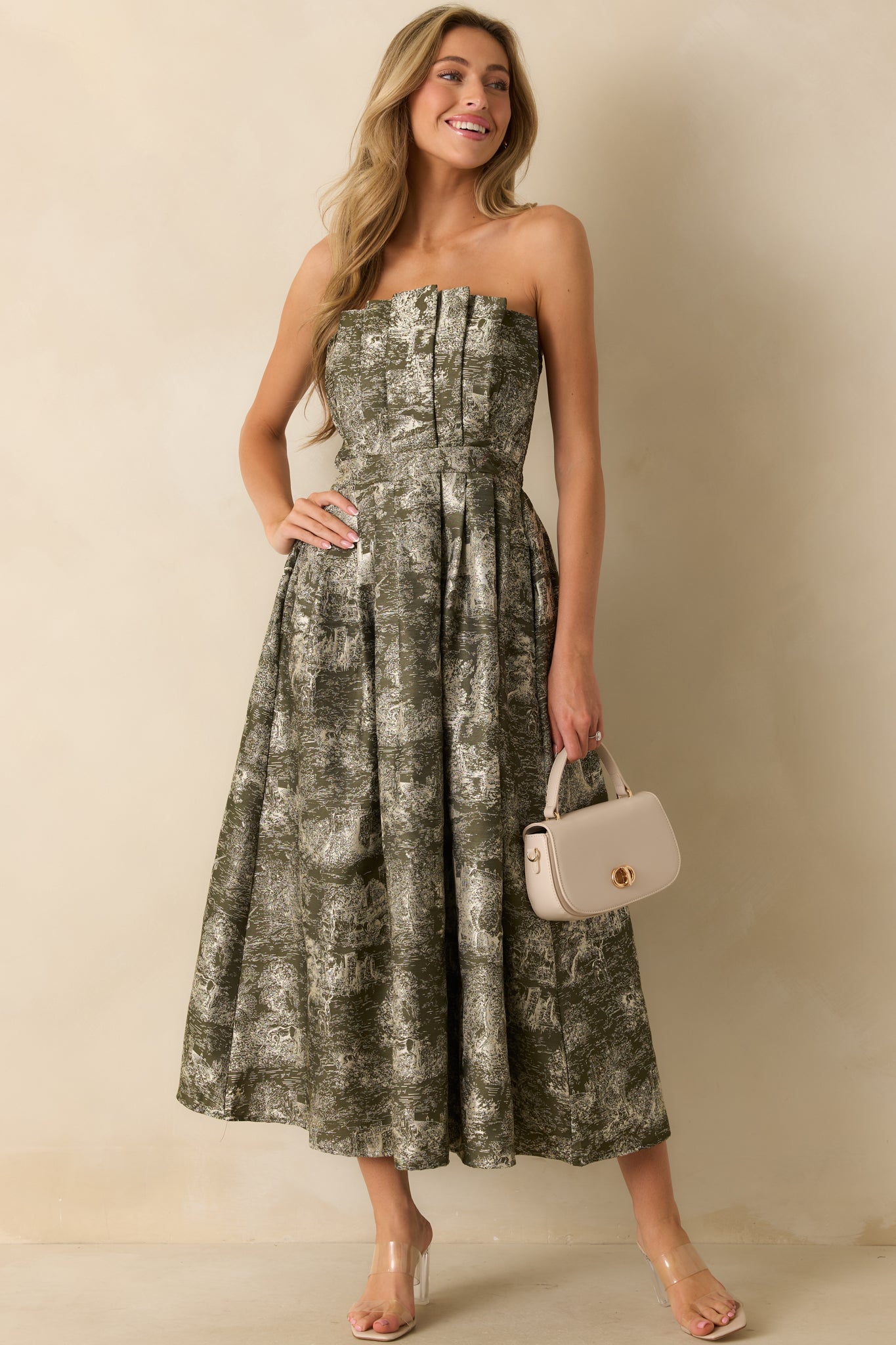 The Genevieve Olive Storybook Toile Jacquard Strapless Midi Dress