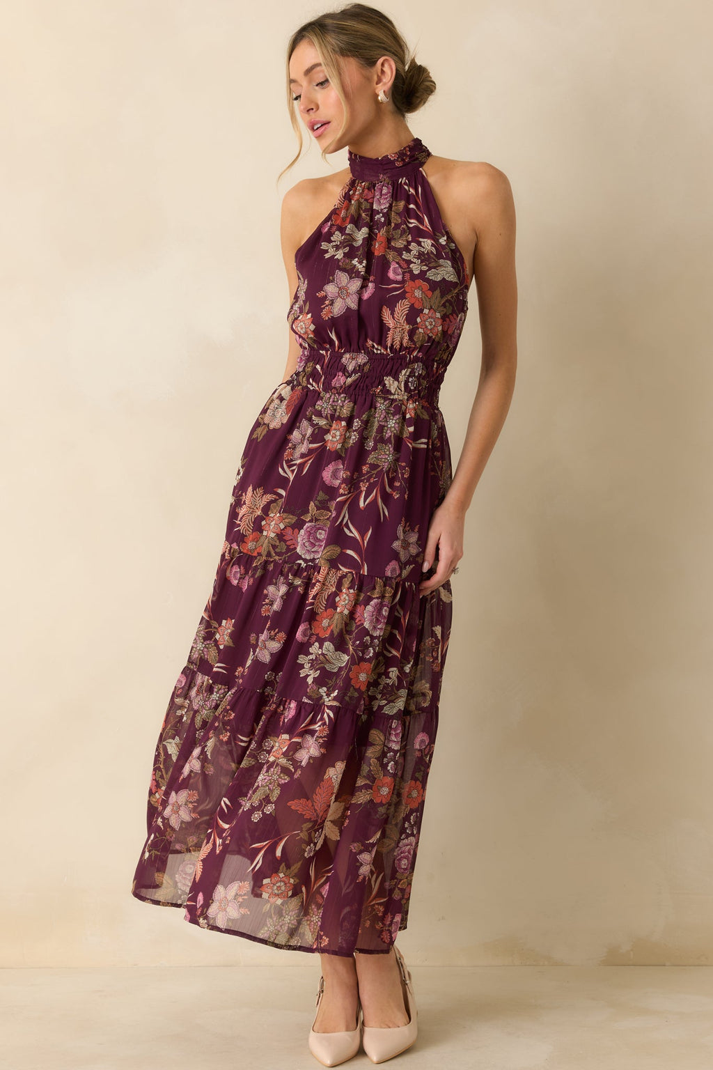 Flirt With Flora Berry Purple Multi Floral Print Halter Maxi Dress