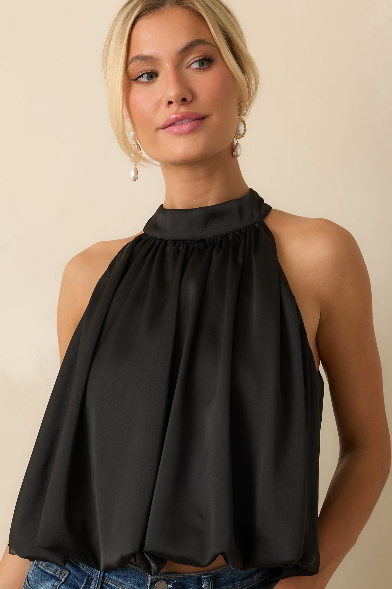 Pop the Bubbly Black Satin Blouson Halter Top