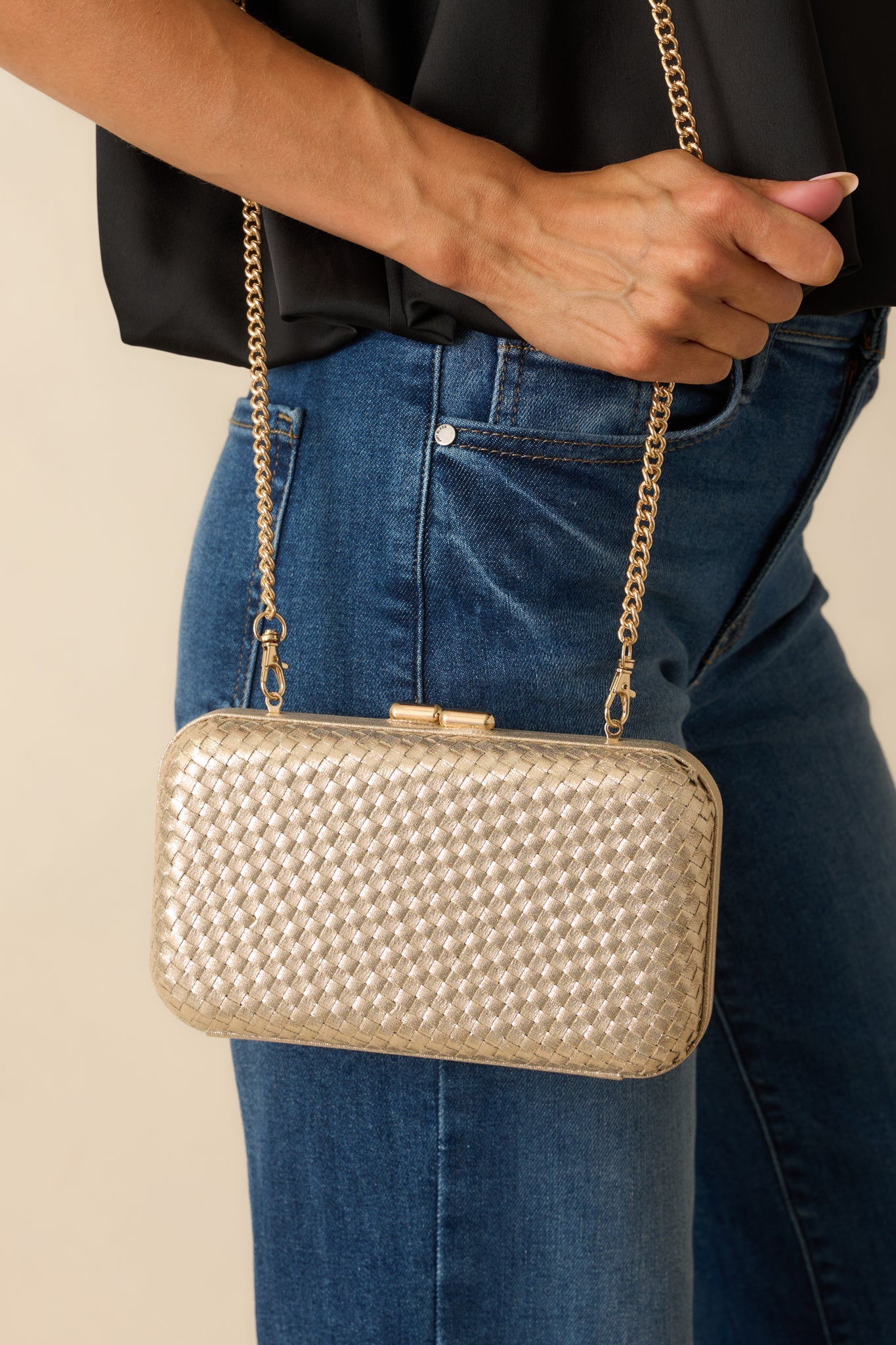 Truth Be Told Gold Metallic Woven Structured Clutch Handbag