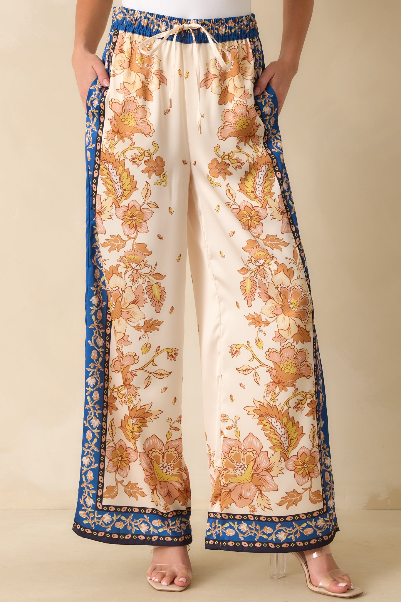 Held Her Ground Ivory Multi Floral Print Wide Leg Satin Pants