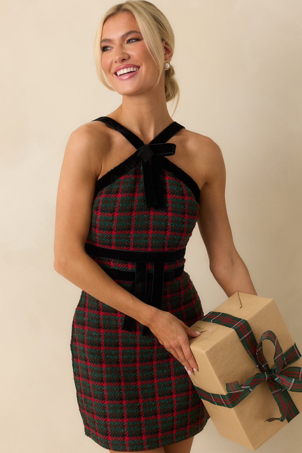 Prosperina Faye Green Multi Plaid Tweed Halter Dress