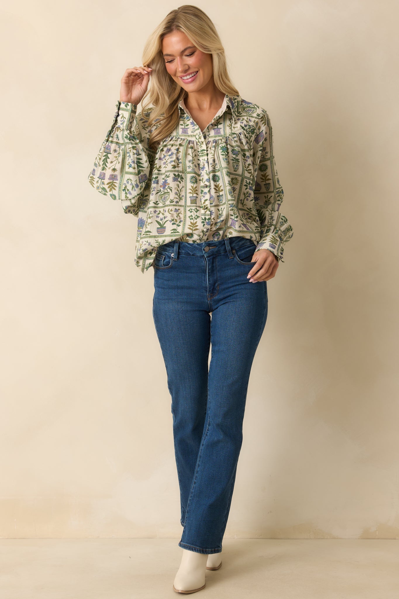 All Set Then Green Multi Floral Print Linen Blend Button Up Blouse