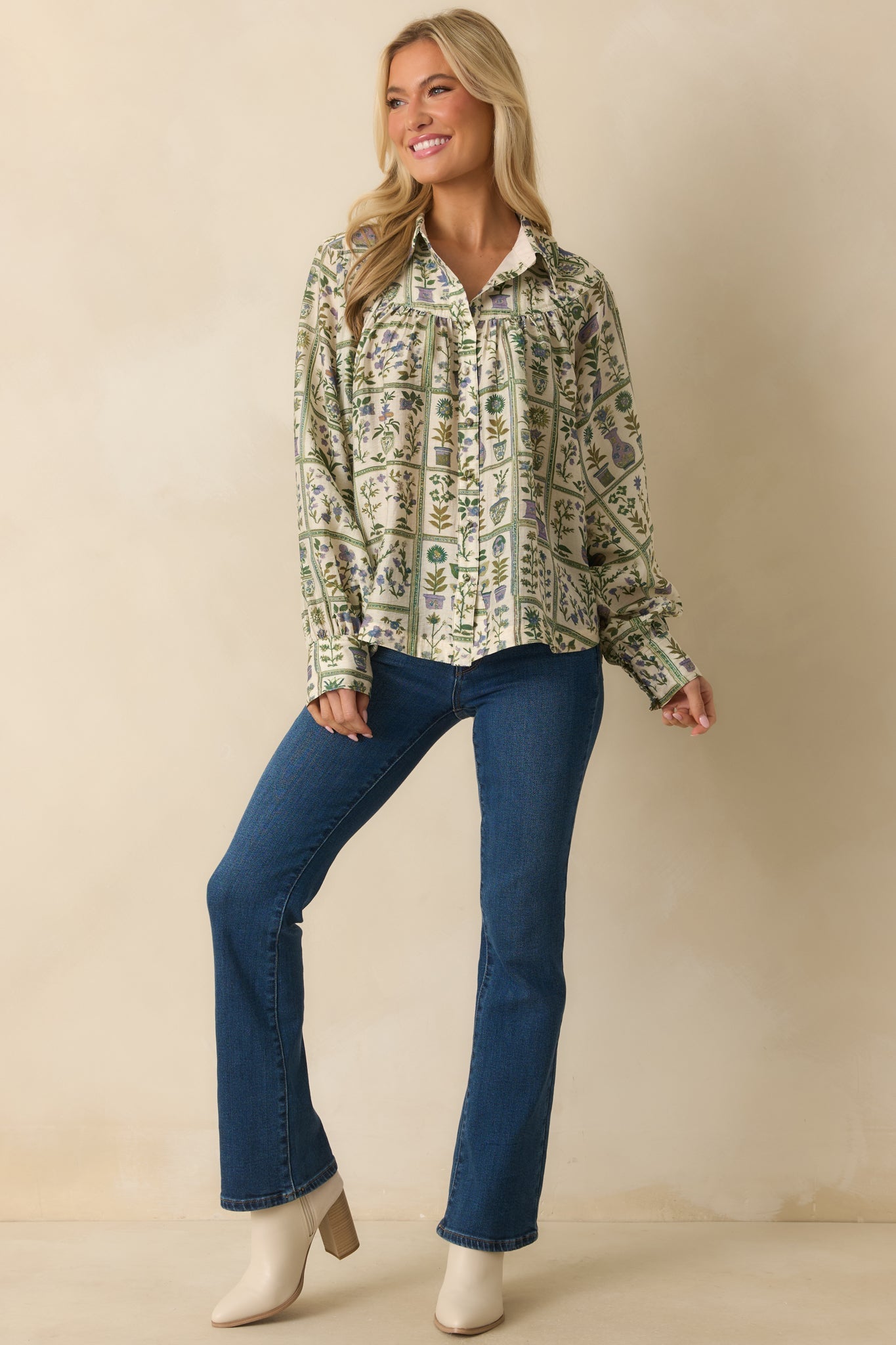 All Set Then Green Multi Floral Print Linen Blend Button Up Blouse