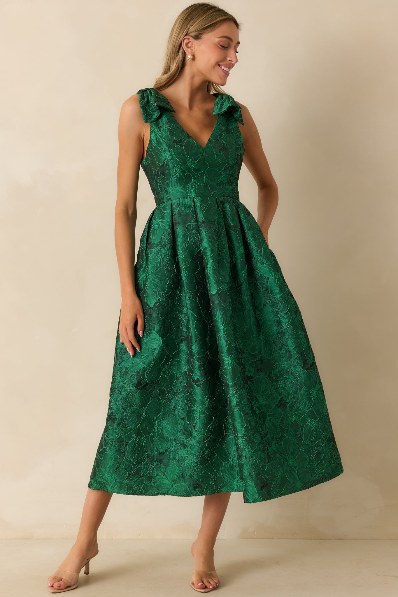 Enchanting Elegance Emerald Green Floral Jacquard Midi Dress
