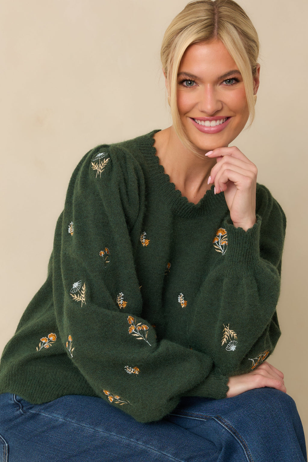 Say It With Flowers Hunter Green Floral Embroidered Knit Sweater