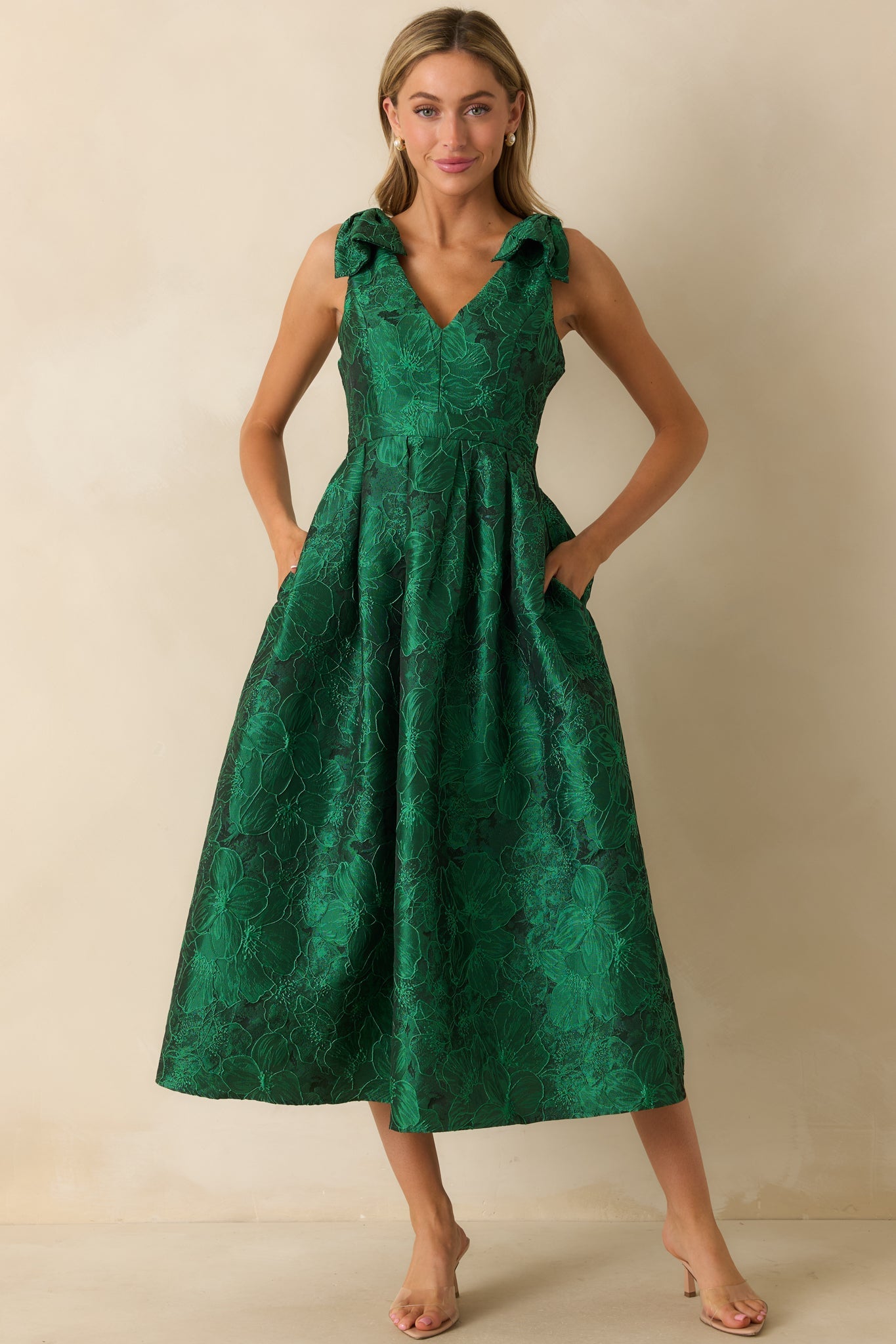 Enchanting Elegance Emerald Green Floral Jacquard Midi Dress