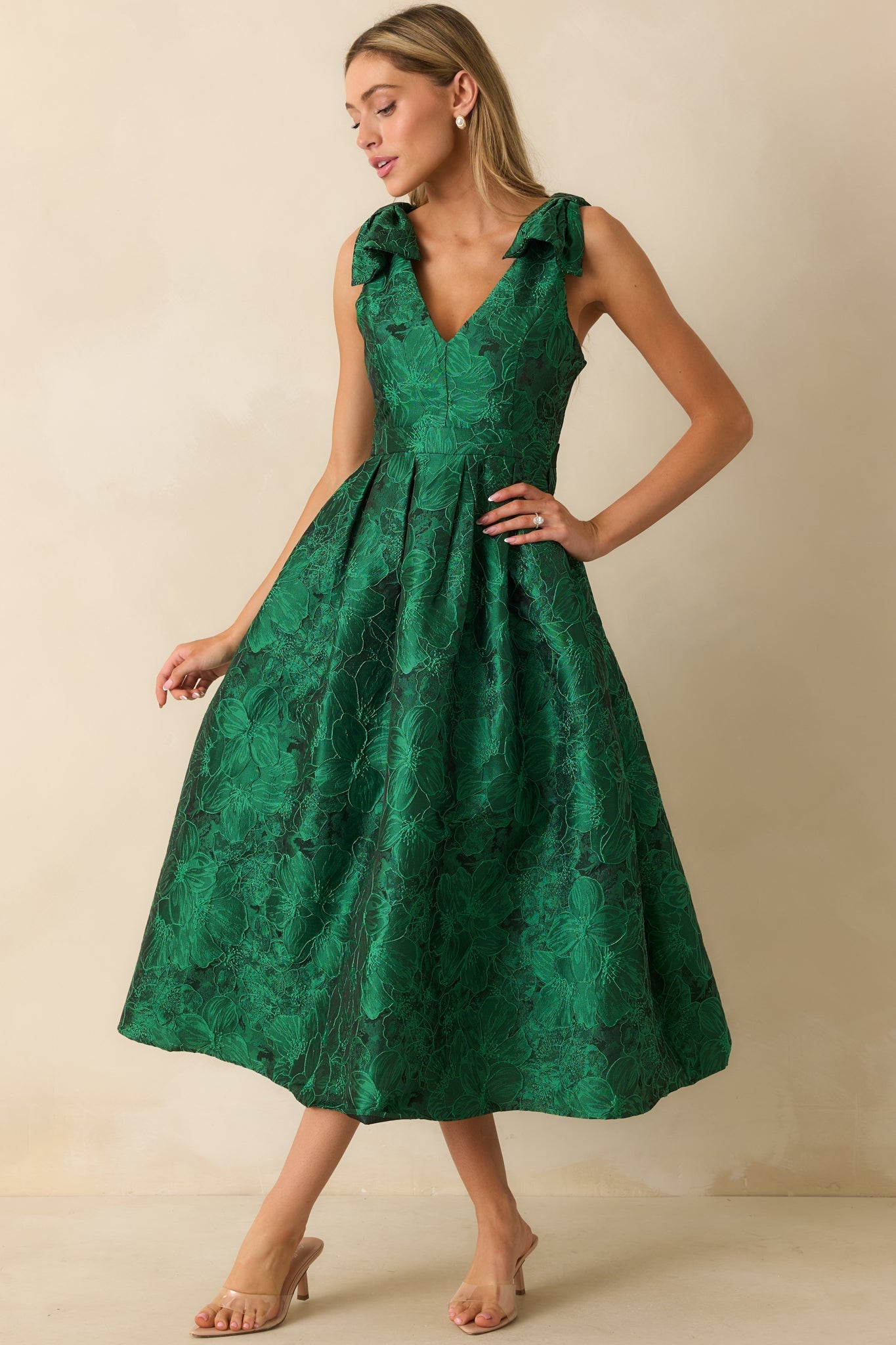 Enchanting Elegance Emerald Green Floral Jacquard Midi Dress