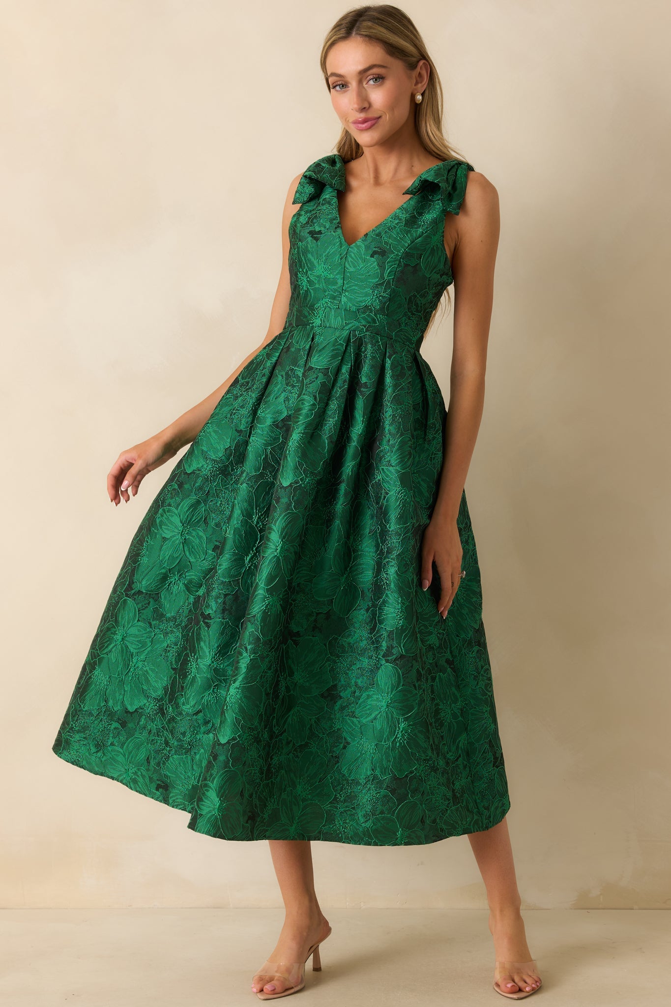 Enchanting Elegance Emerald Green Floral Jacquard Midi Dress