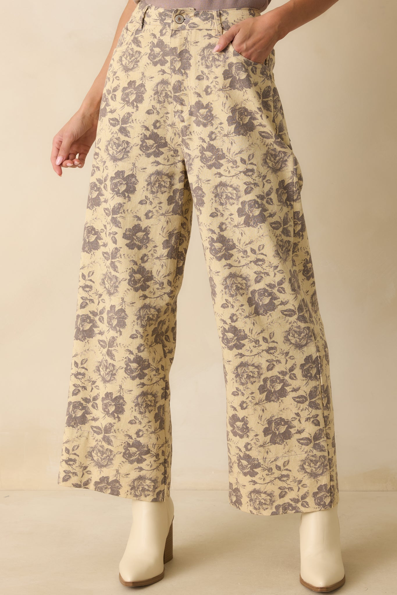 Just Like Always Grey Floral Print Wide Leg Pants