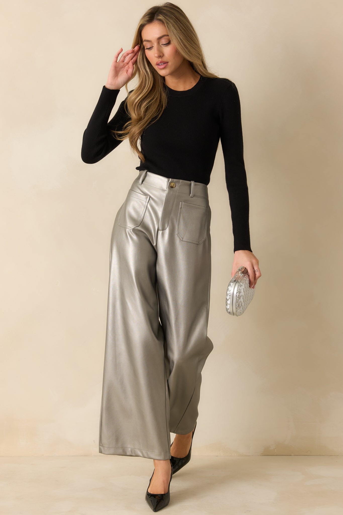 Catch You Later Metallic Grey Wide Leg Pants