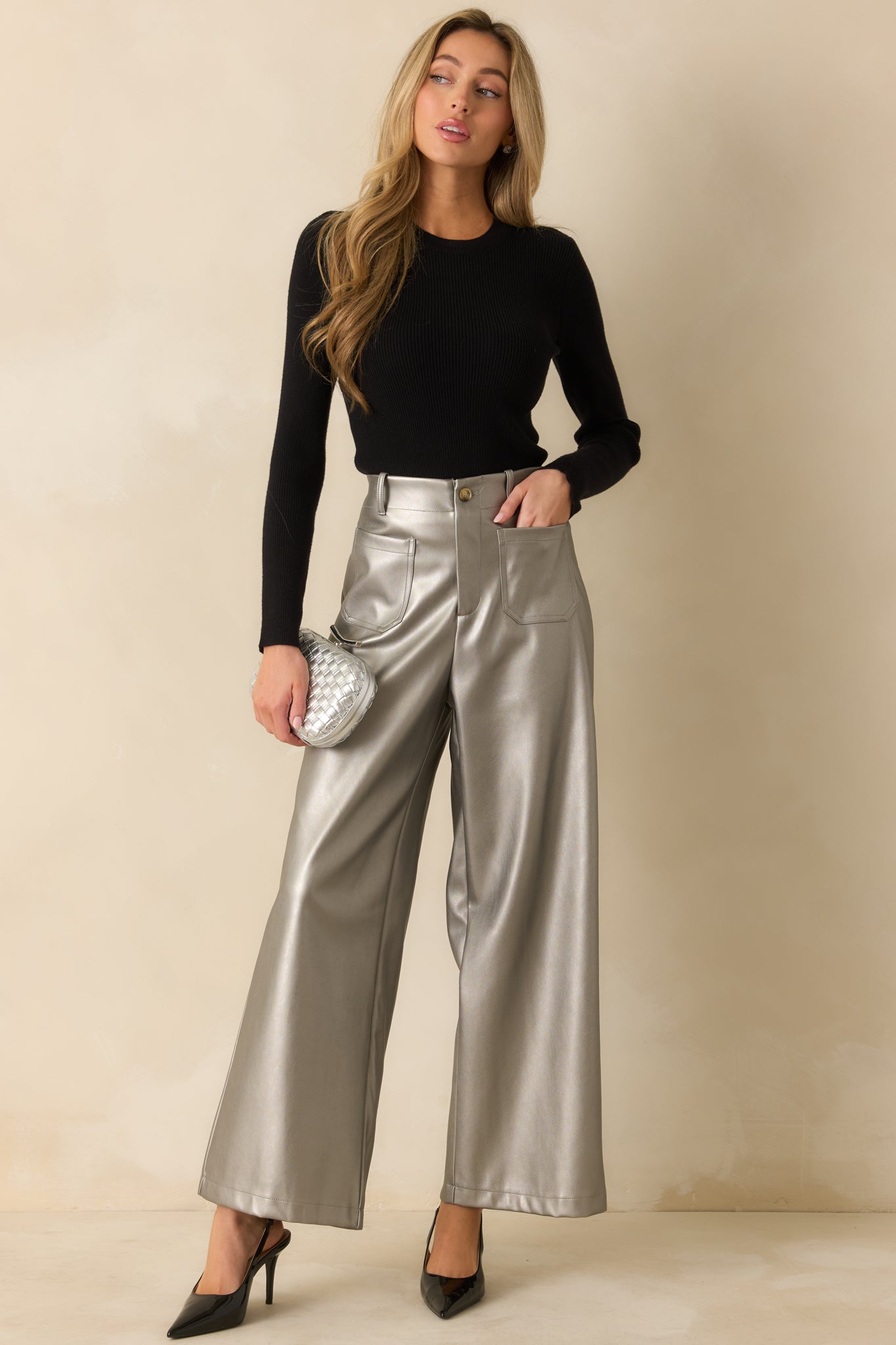 Catch You Later Metallic Grey Wide Leg Pants