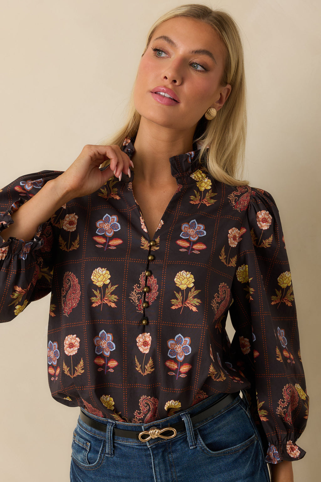 Everything’s Blooming Black Multi Floral Cotton Puff Sleeve Blouse