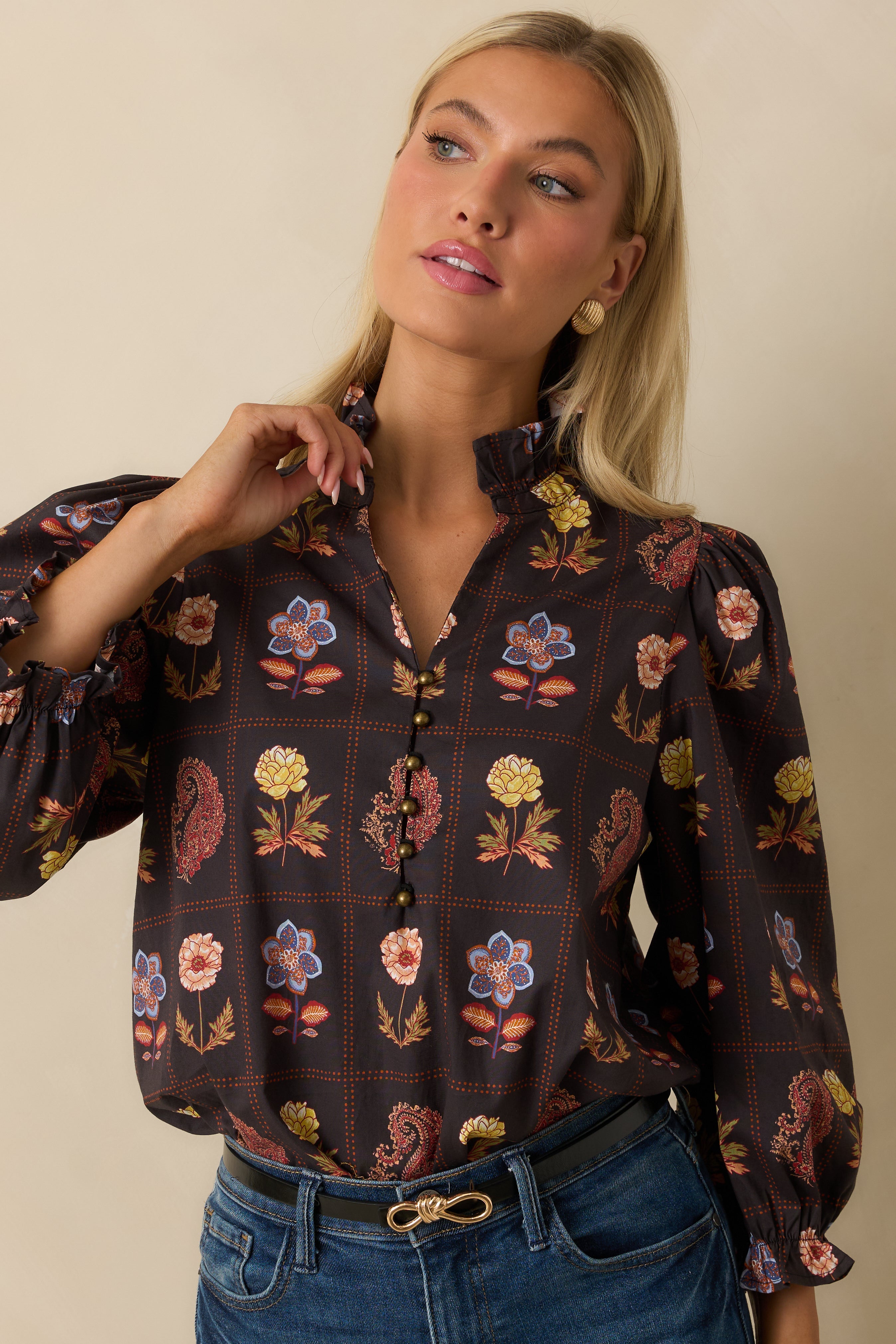 Everything’s Blooming Black Multi Floral Cotton Puff Sleeve Blouse