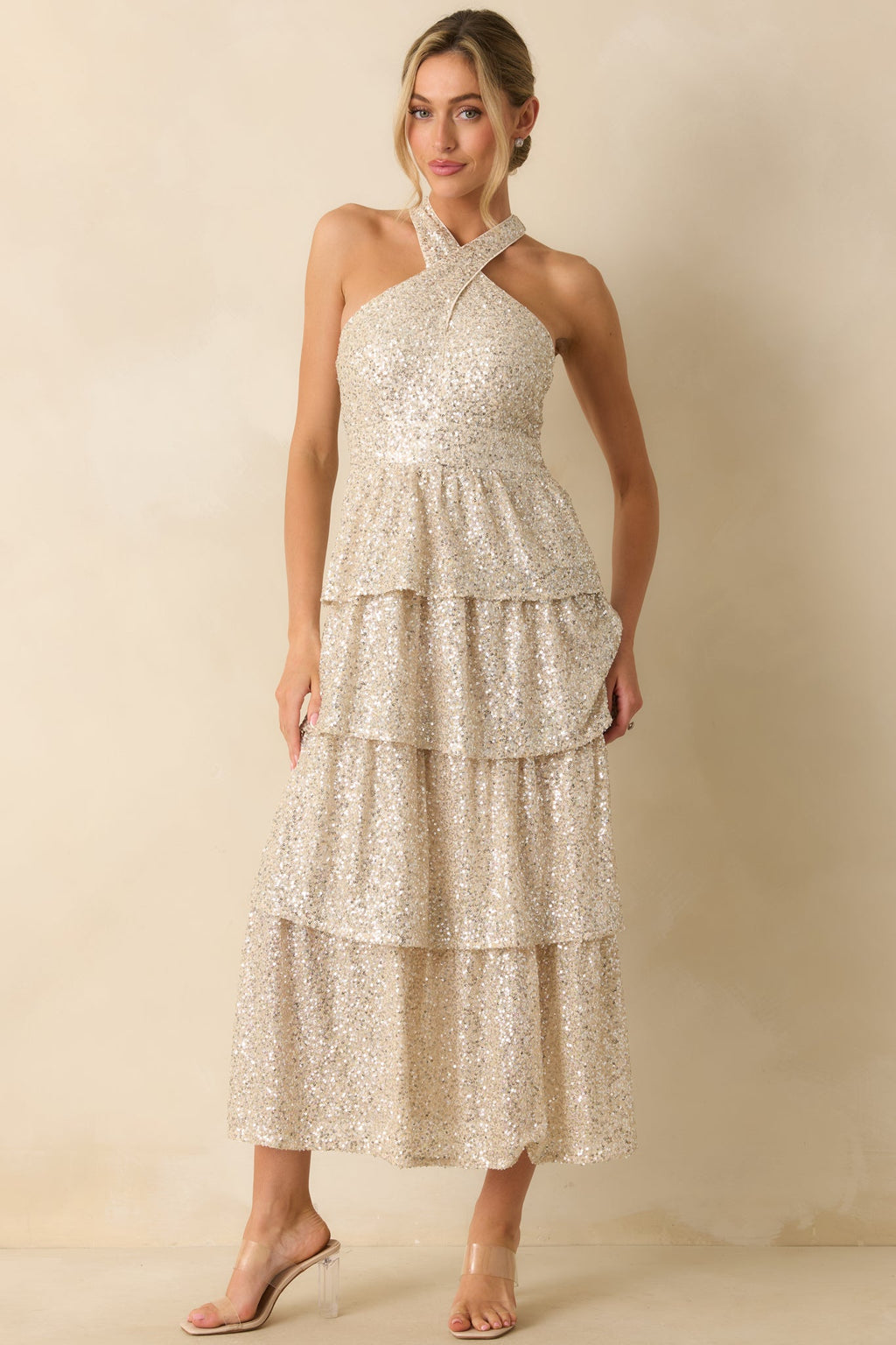 Always On Point Champagne Sequin Halter Maxi Dress