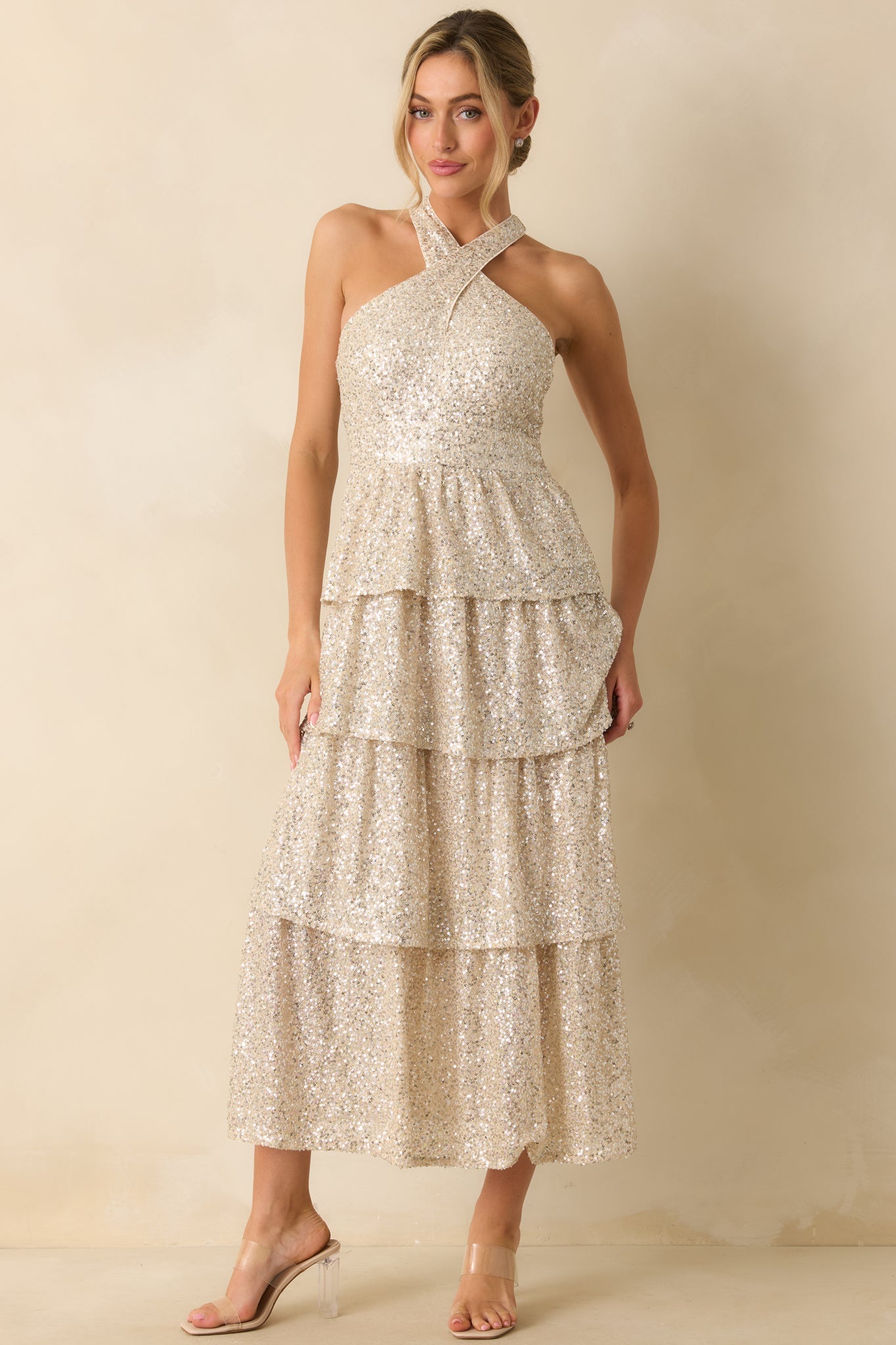 Always On Point Champagne Sequin Halter Maxi Dress