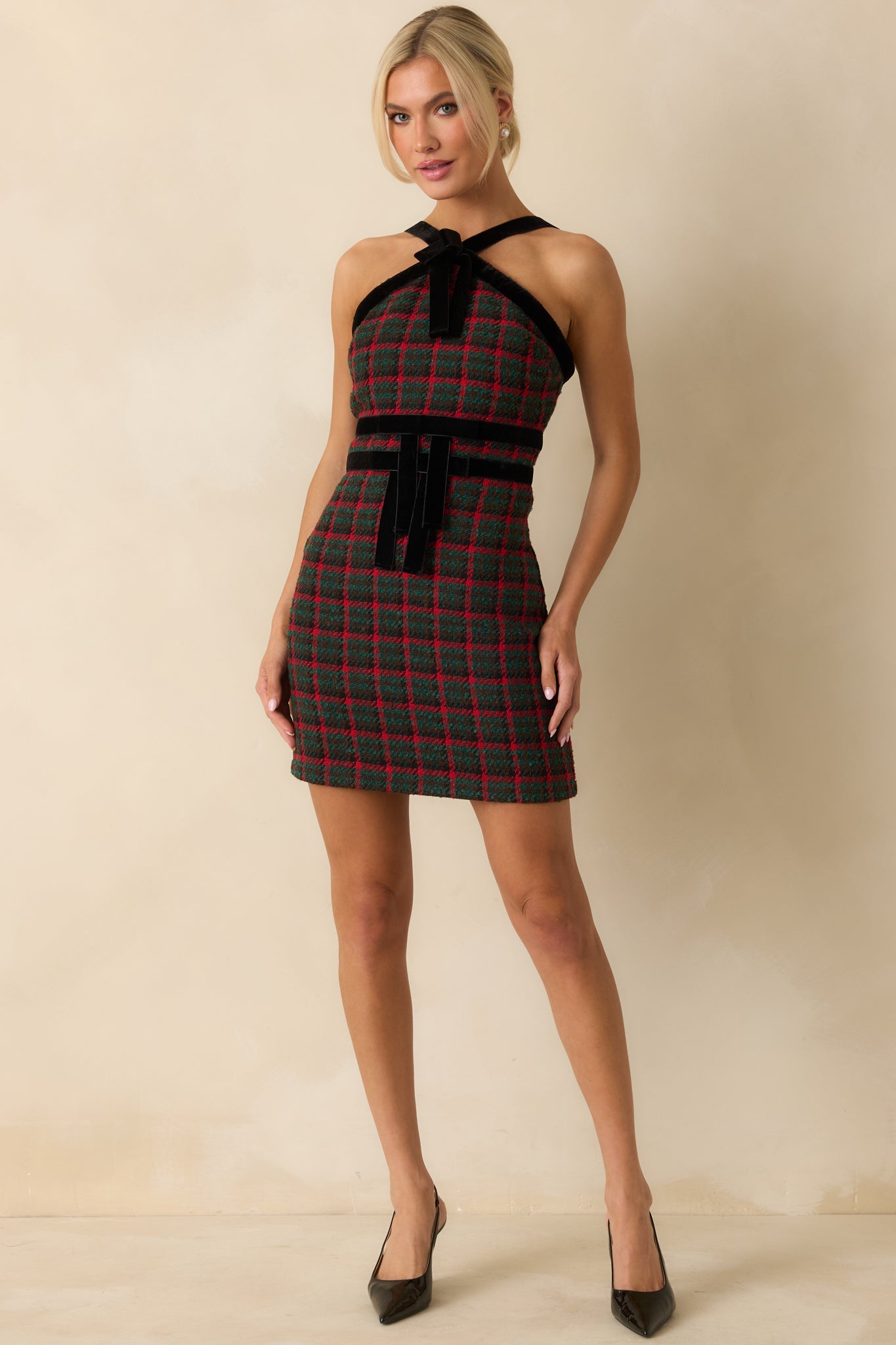 Prosperina Faye Green Multi Plaid Tweed Halter Dress
