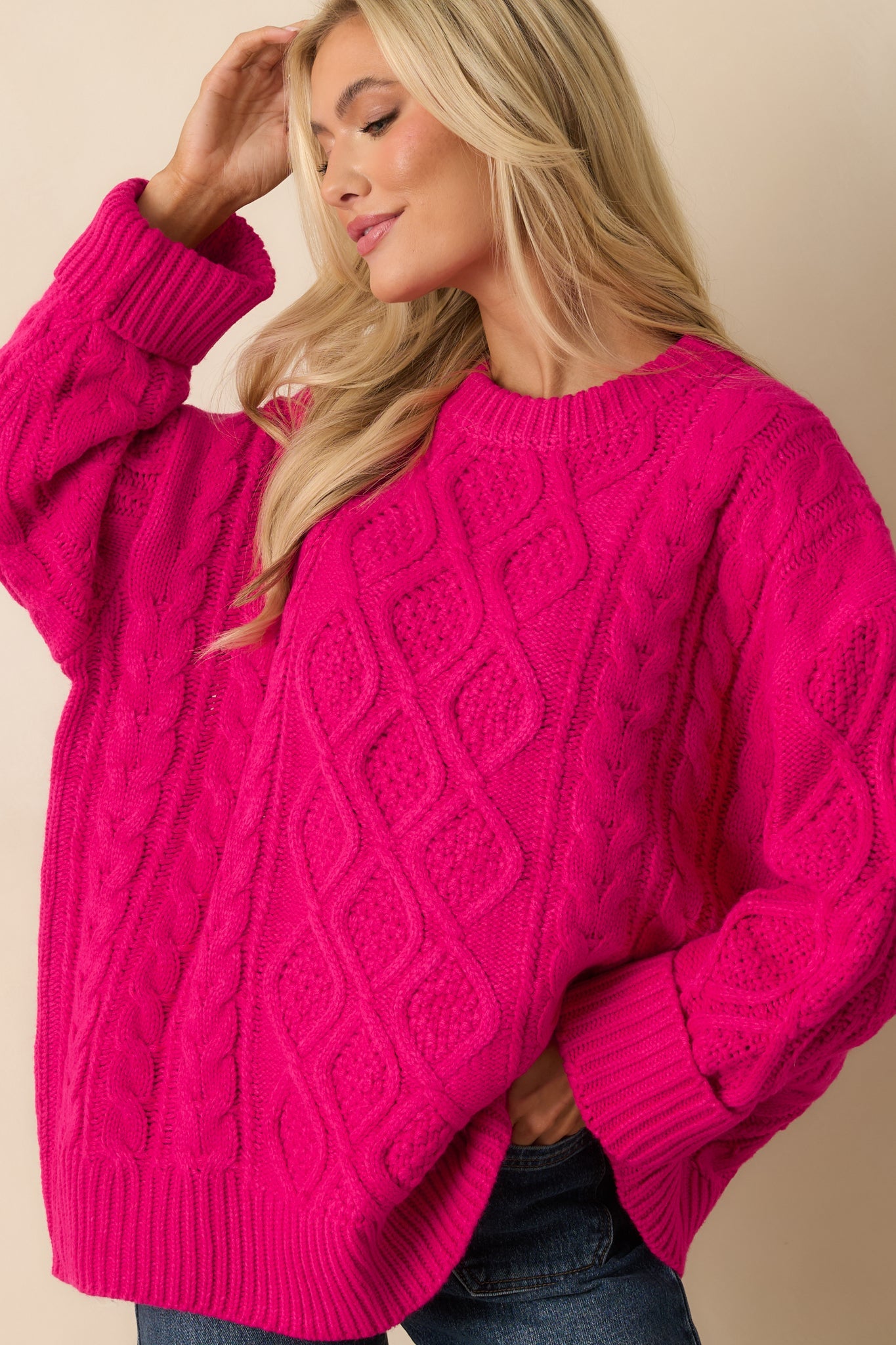 Feeling Bright Hot Pink Cable Knit Oversized Sweater